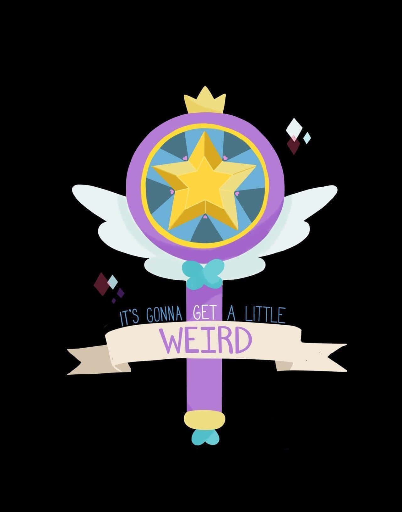 Star Vs The Forces Of Evil 桌布 壁紙 — 一個風格化的紫色魔杖，帶有金色星星和翅膀，黑色背景上有一個橫幅寫著「會變得有點奇怪」。