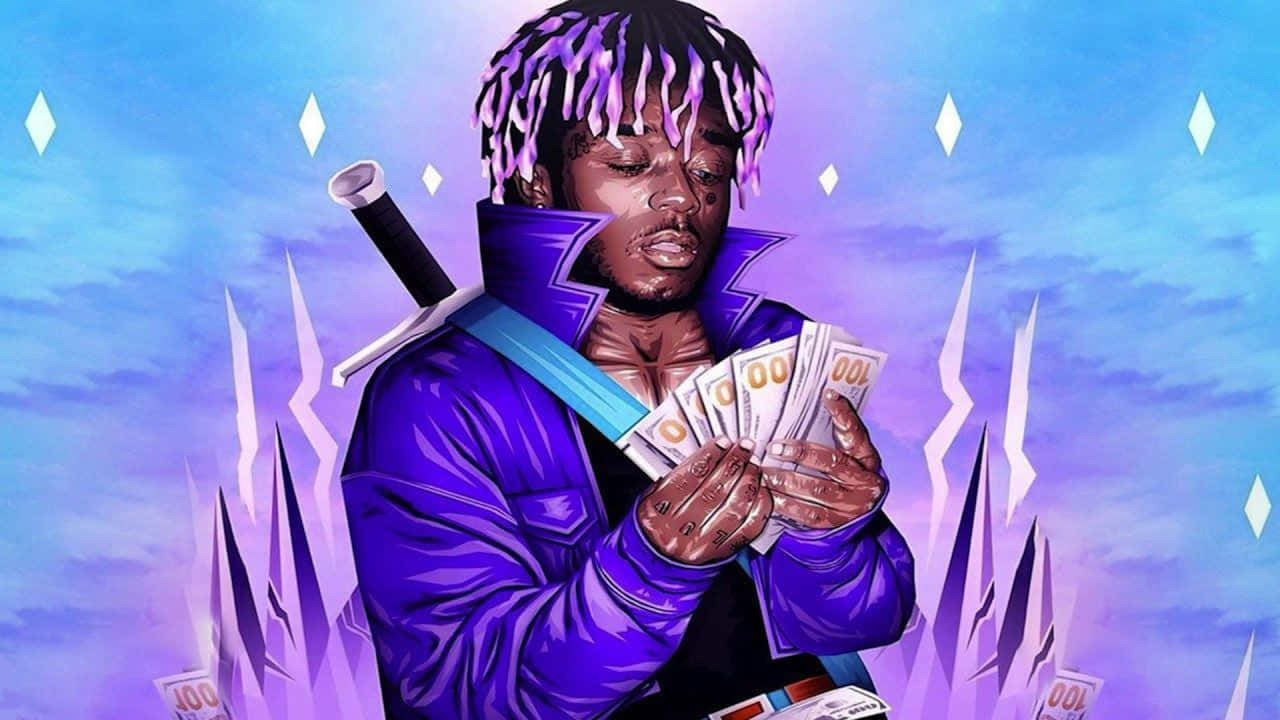 Lil Uzi Vert 桌布 壁紙 — 一個風格化的紫髮男子手持現金和劍，背景是帶有鑽石形狀的發光紫色天空。
