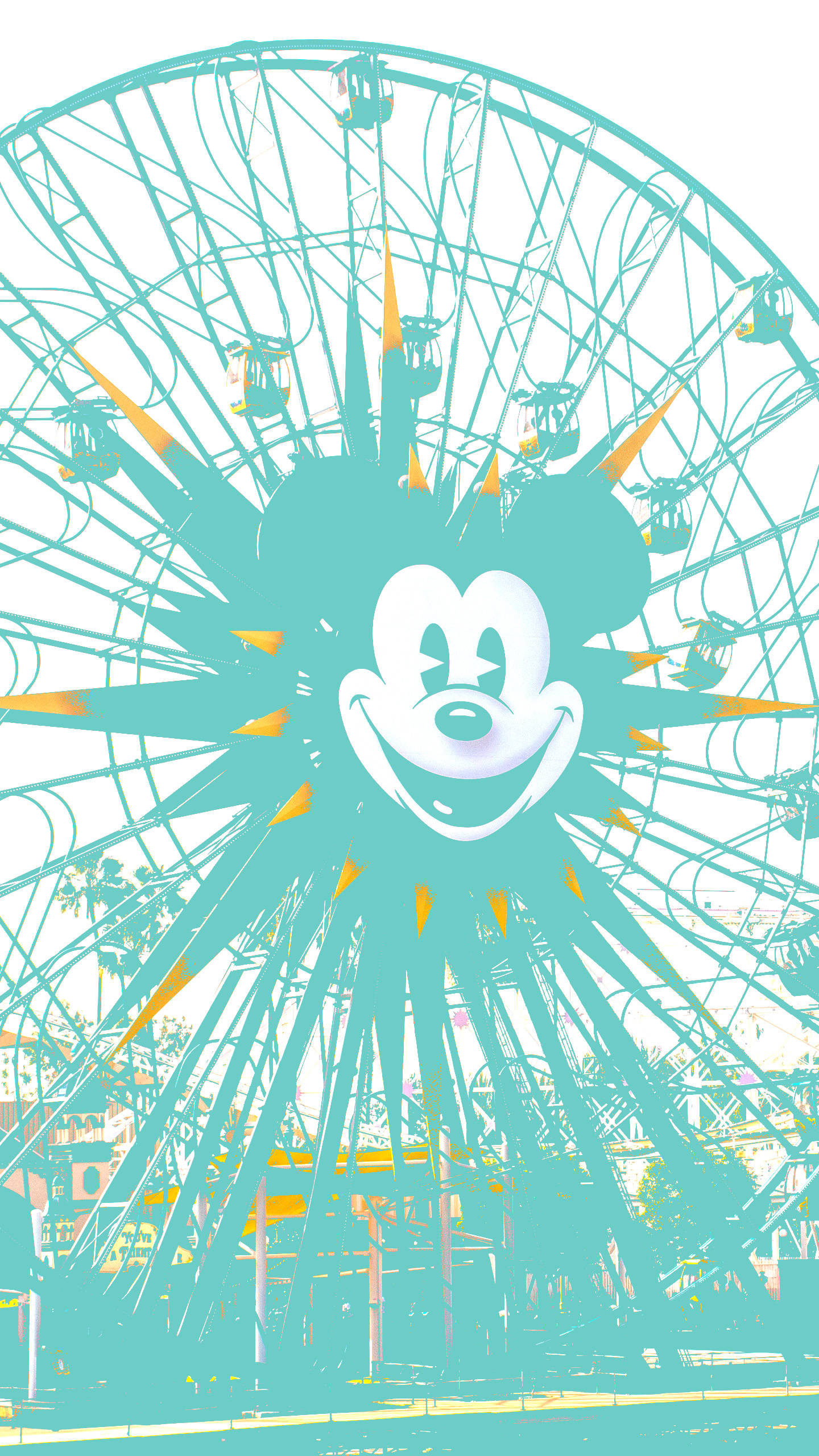 Disneyland 桌布 壁紙 — 一個風格化的綠松色摩天輪，中心有米奇老鼠的臉，在明亮的白色背景上散發出黃色尖刺。