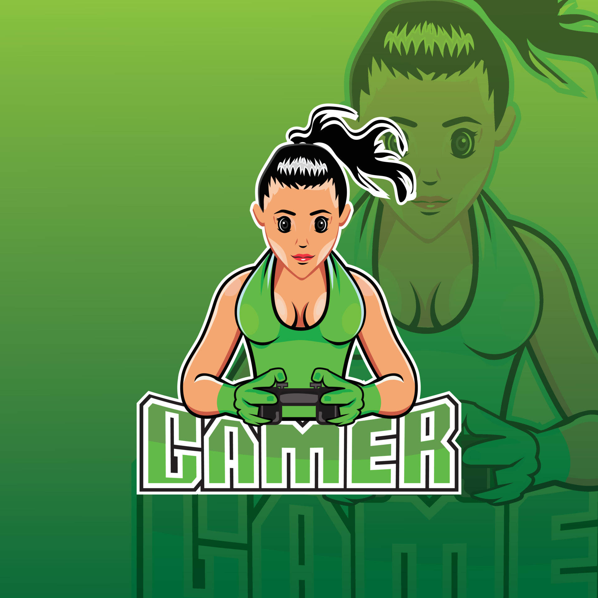 Gamer Logo 桌布 壁紙 — 一個風格化的綠色女玩家拿著控制器，身後有一個更大的綠色調版本的她。