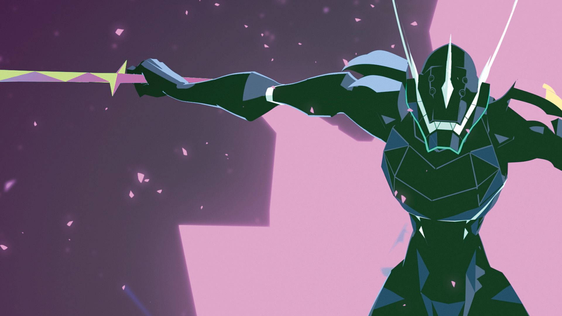 Lio Black Shield With Sword Promare 壁紙 — 一個風格化的綠色裝甲戰士，擁有發光的白色眼睛和劍，在充滿活力的粉紅色和紫色抽象背景前擺出動態姿勢。