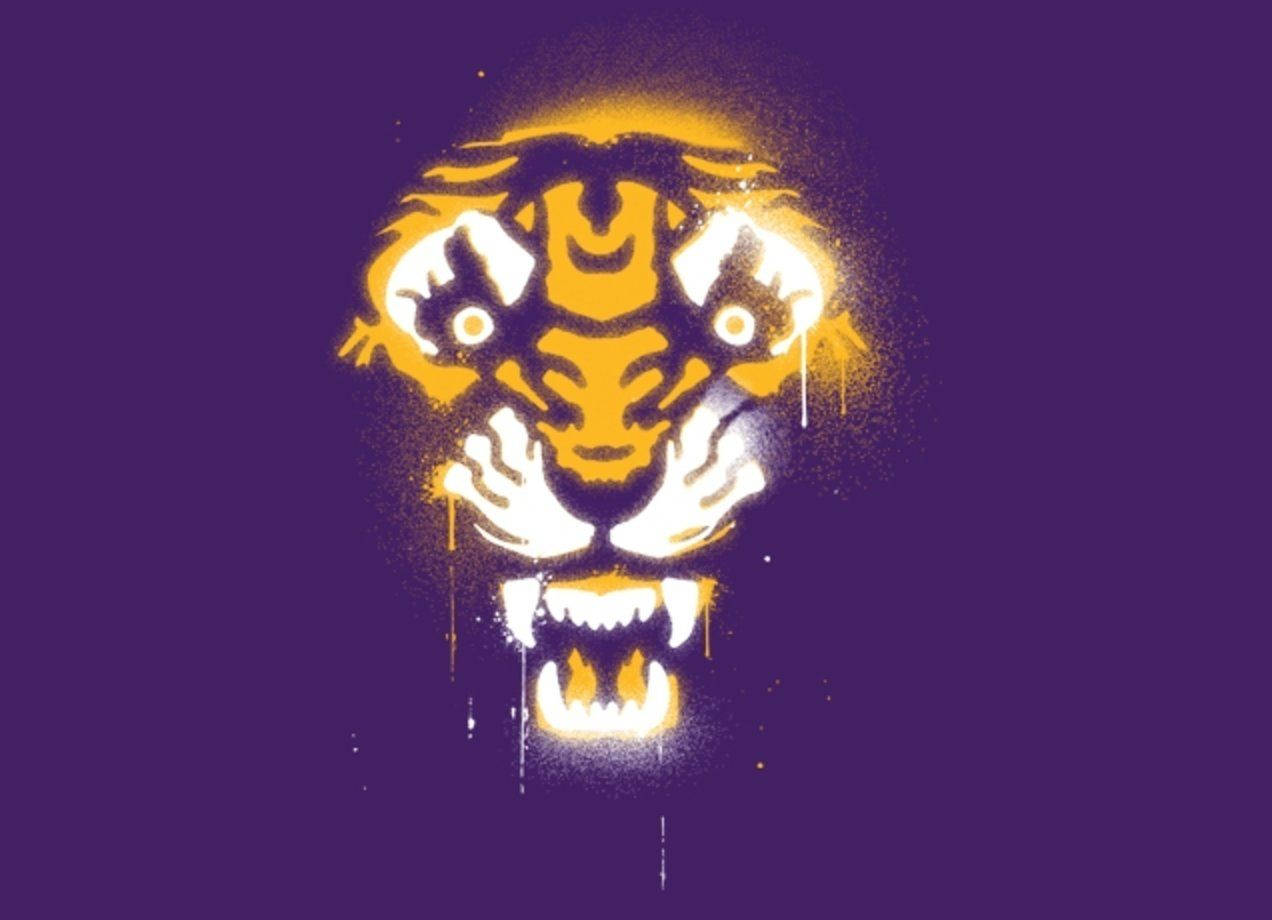 Go Tigers！ 壁紙 — 一個風格化的老虎頭，以黃色和白色噴漆滴落在深紫色背景上。