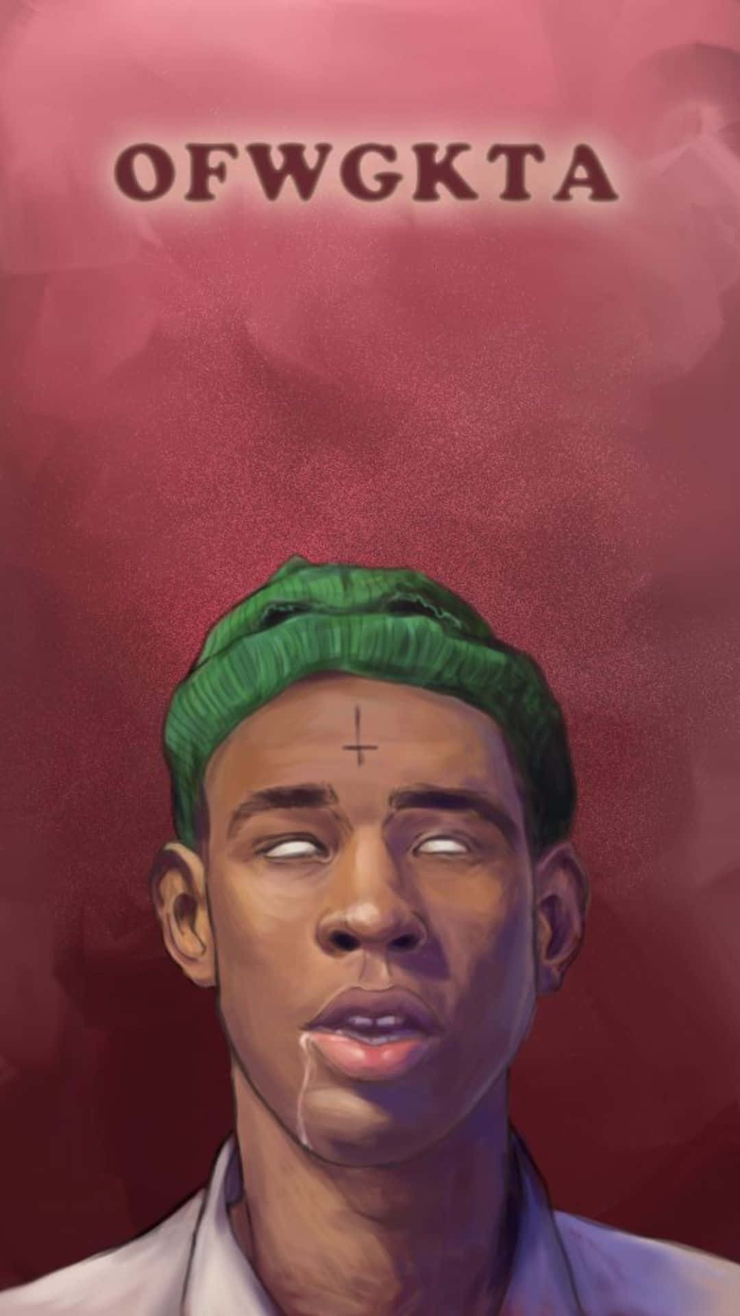 tyler the creator 桌布 壁紙 — 一個風格化的肖像，一個戴著綠色無邊帽、額頭上有十字紋身的男人，背景是質感紅色。