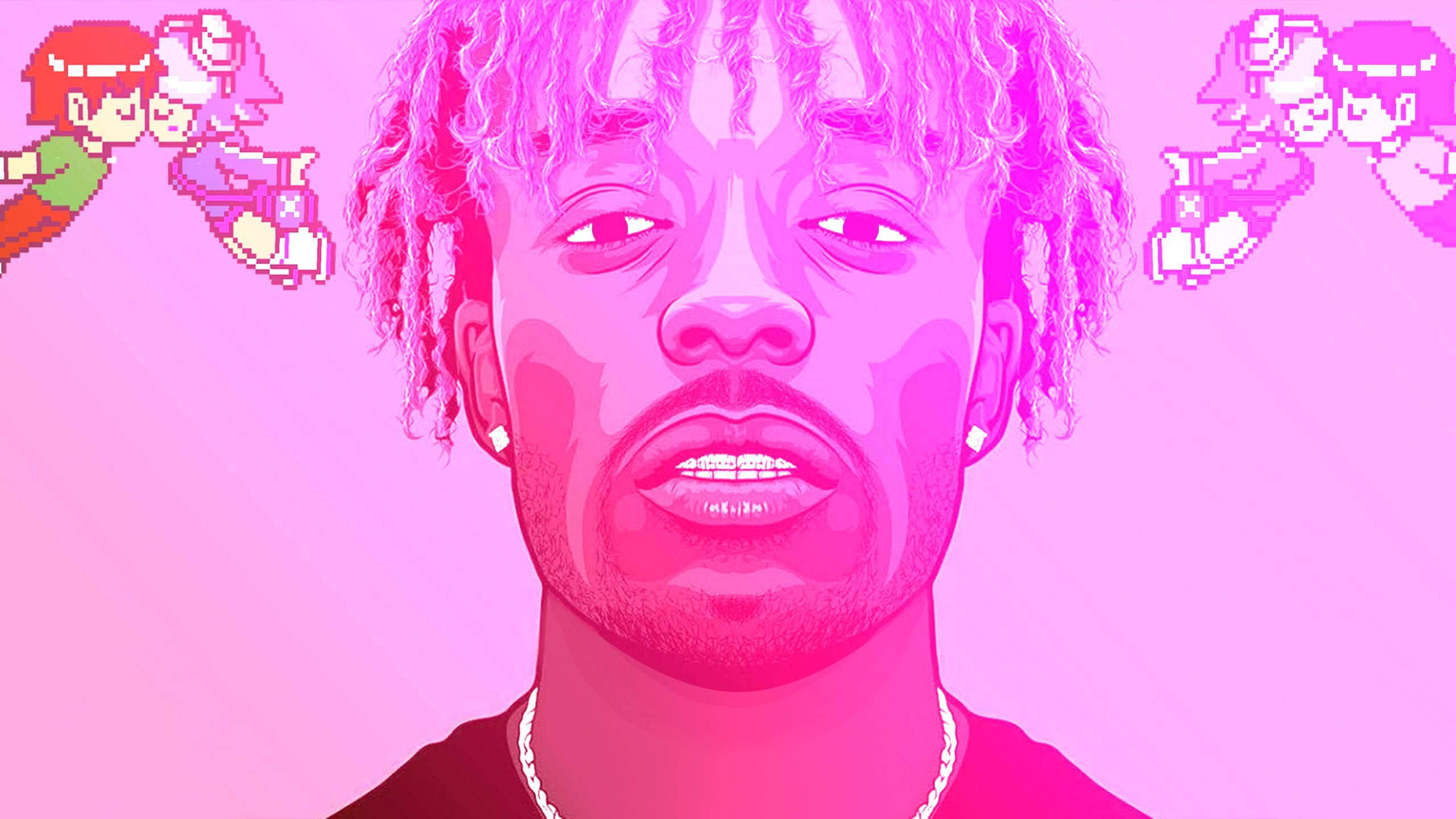 Lil Uzi Vert 桌布 壁紙 — 一個風格化的肖像，描繪一個捲髮男子，旁邊漂浮著像素化的動漫角色，背景是充滿活力的粉紅色。