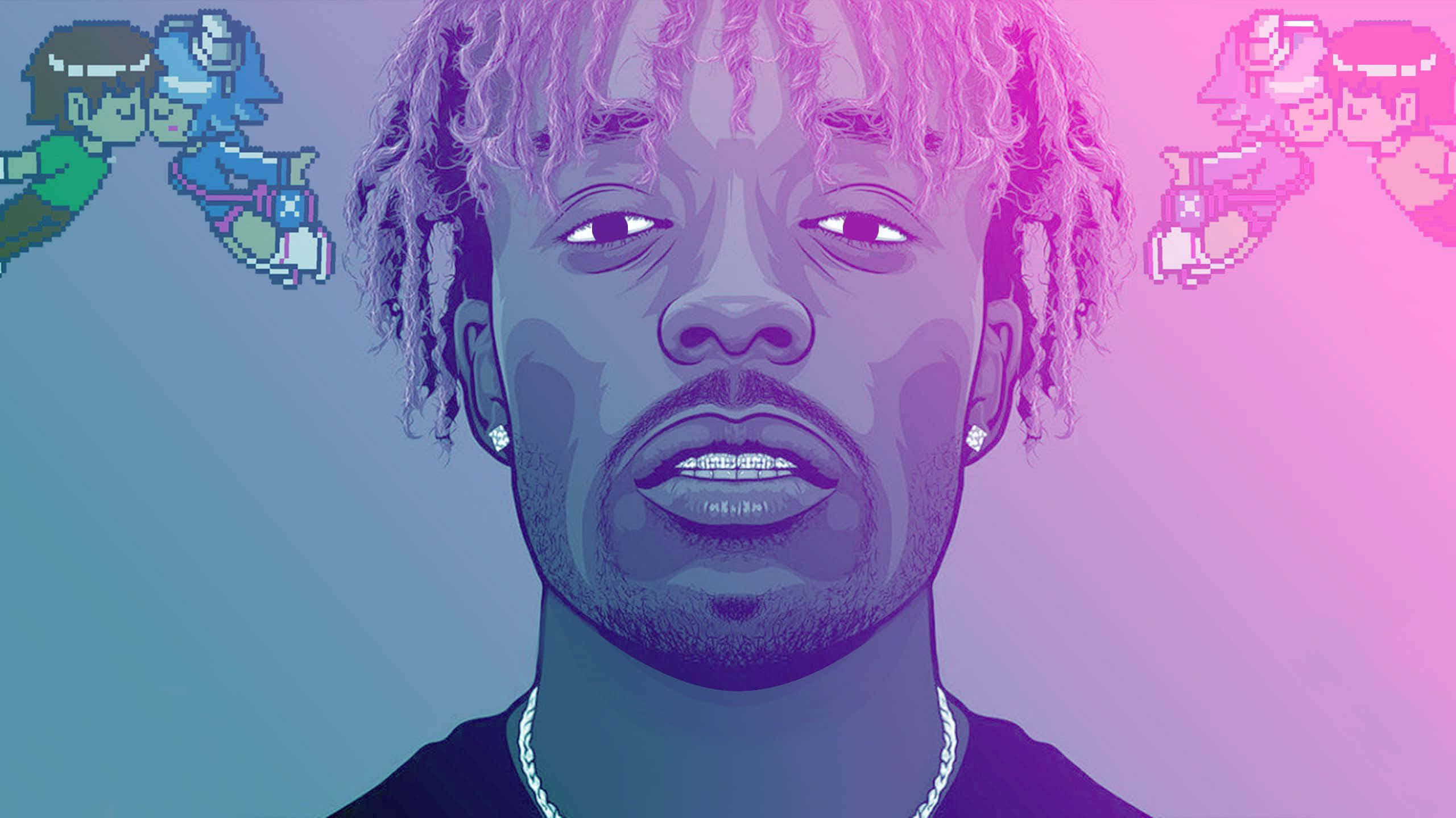 Lil Uzi Vert 桌布 壁紙 — 一個風格化的肖像，描繪一名擁有捲髮和牙套的男子，兩側是像素化的動漫角色，背景為紫色和藍色的漸變色。