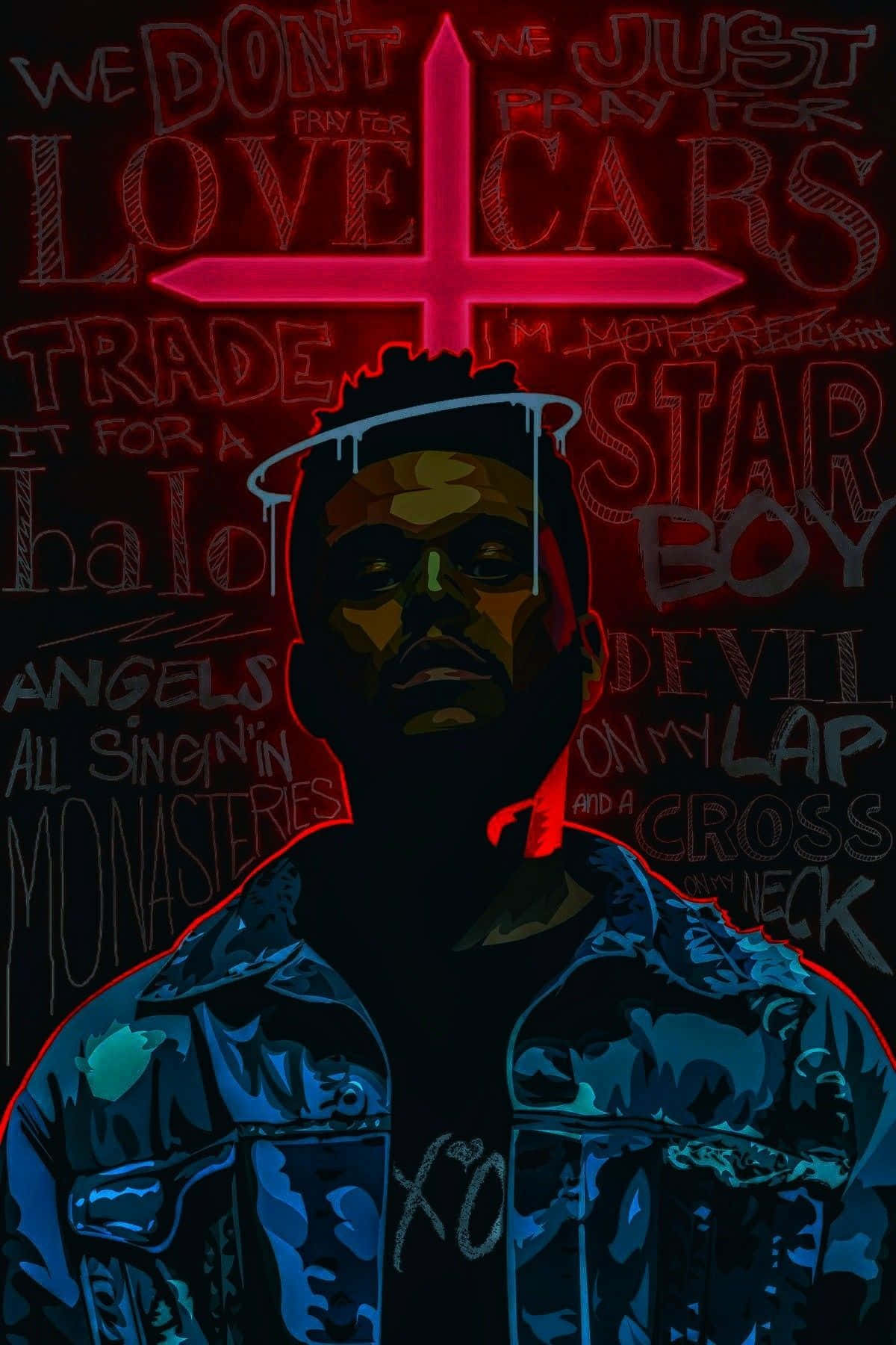 The Weeknd 桌布 壁紙 — 一個風格化的肖像，描繪一名身穿藍色外套的男子，以紅色霓虹燈勾勒輪廓，背景為充滿塗鴉風格文字的深色背景。