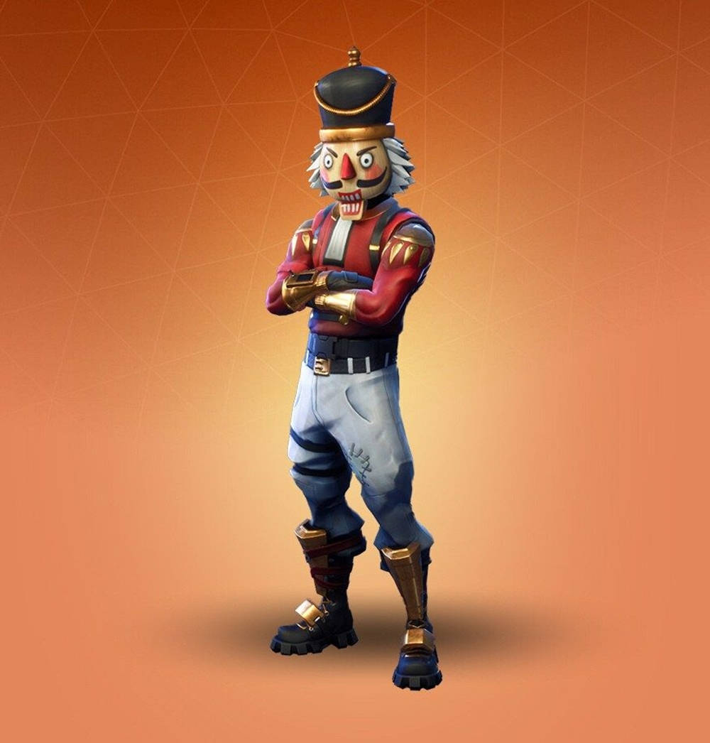Fortnite 造型 桌布 壁紙 — 一個風格化的胡桃夾子角色，身穿紅色和藍色盔甲，雙臂交叉，自信地站在溫暖的漸變背景前。