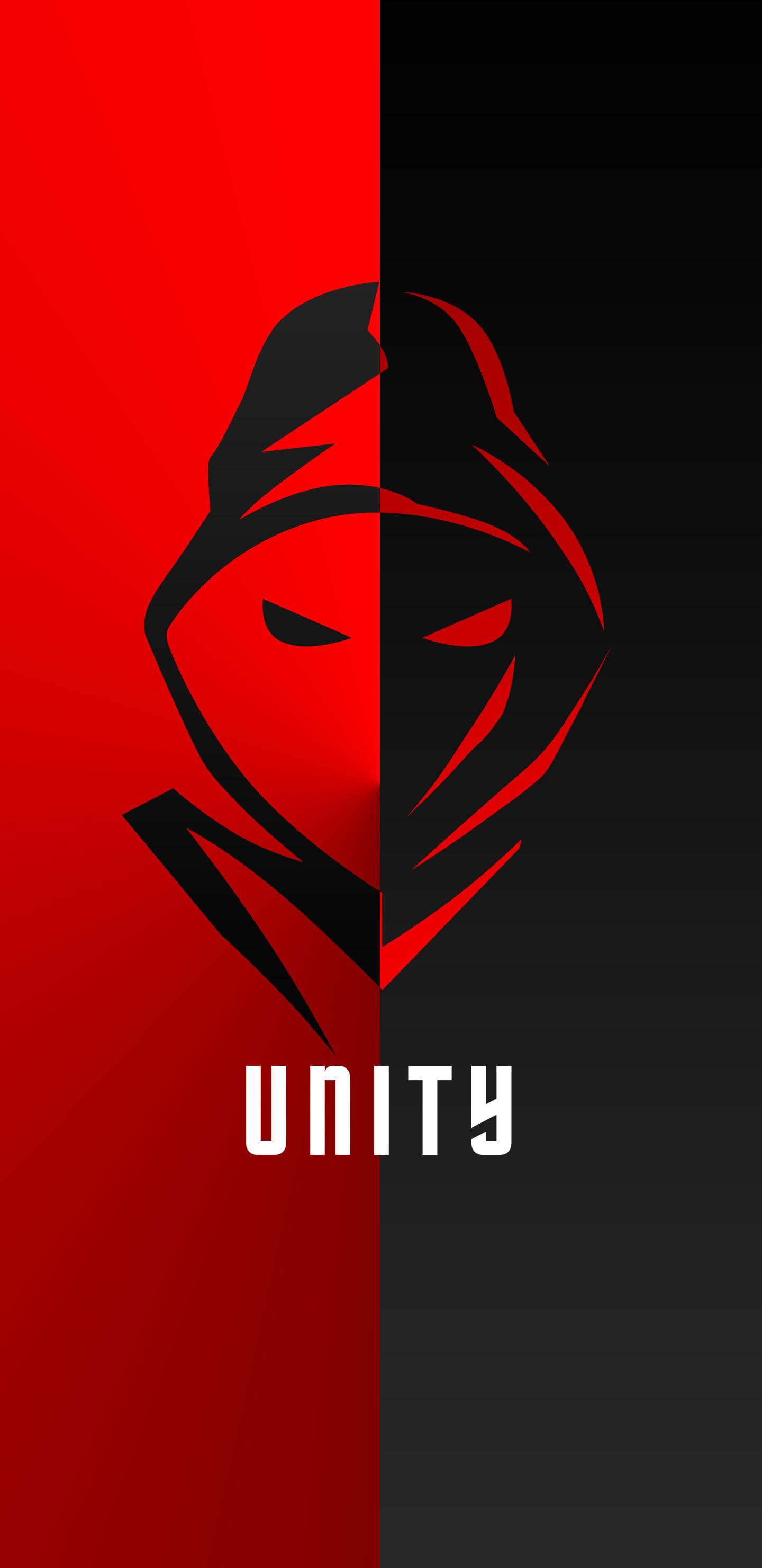 Gamer Logo 桌布 壁紙 — 一個風格化的蒙面人物，中間分成紅色和黑色兩半，下方有「unity」一詞。