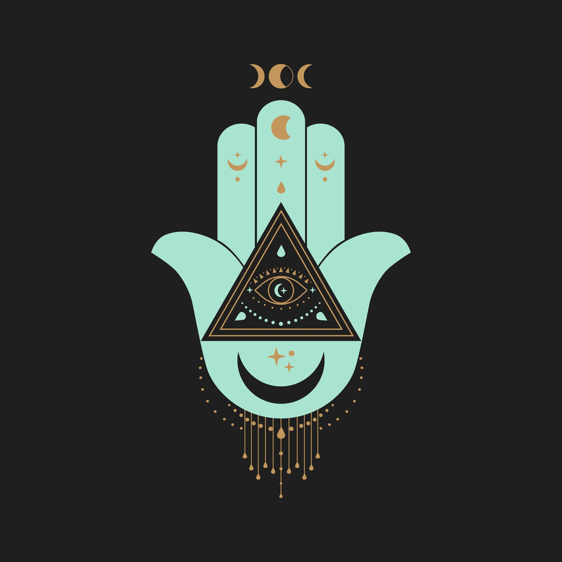 Hamsa 桌布 壁紙 — 一個風格化的薄荷綠色漢莎手，三角形內有全視之眼，飾有金色新月和星星，背景為黑色。