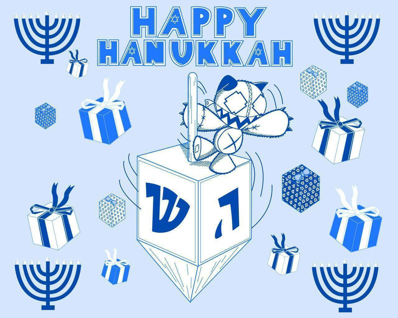 Hanukkah 桌布 壁紙 — 一個風格化的藍白光明節陀螺在一個帶有希伯來字母的立方體上旋轉，周圍環繞著燭台和禮物盒。