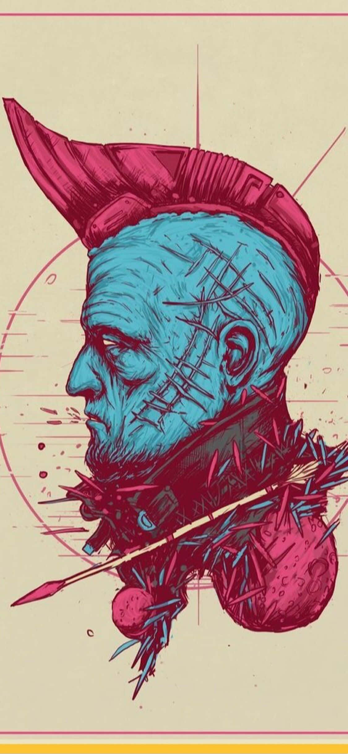 Yondu 桌布 壁紙 — 一個風格化的藍皮膚戰士，帶有尖刺莫霍克頭和箭傷，以大膽的紅色和藍色墨水在米色背景上呈現。