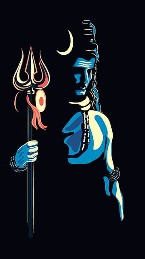 Lord Shiva 桌布 壁紙 — 一個風格化的藍色神祇手持三叉戟，上方有新月，背景為黑色。
