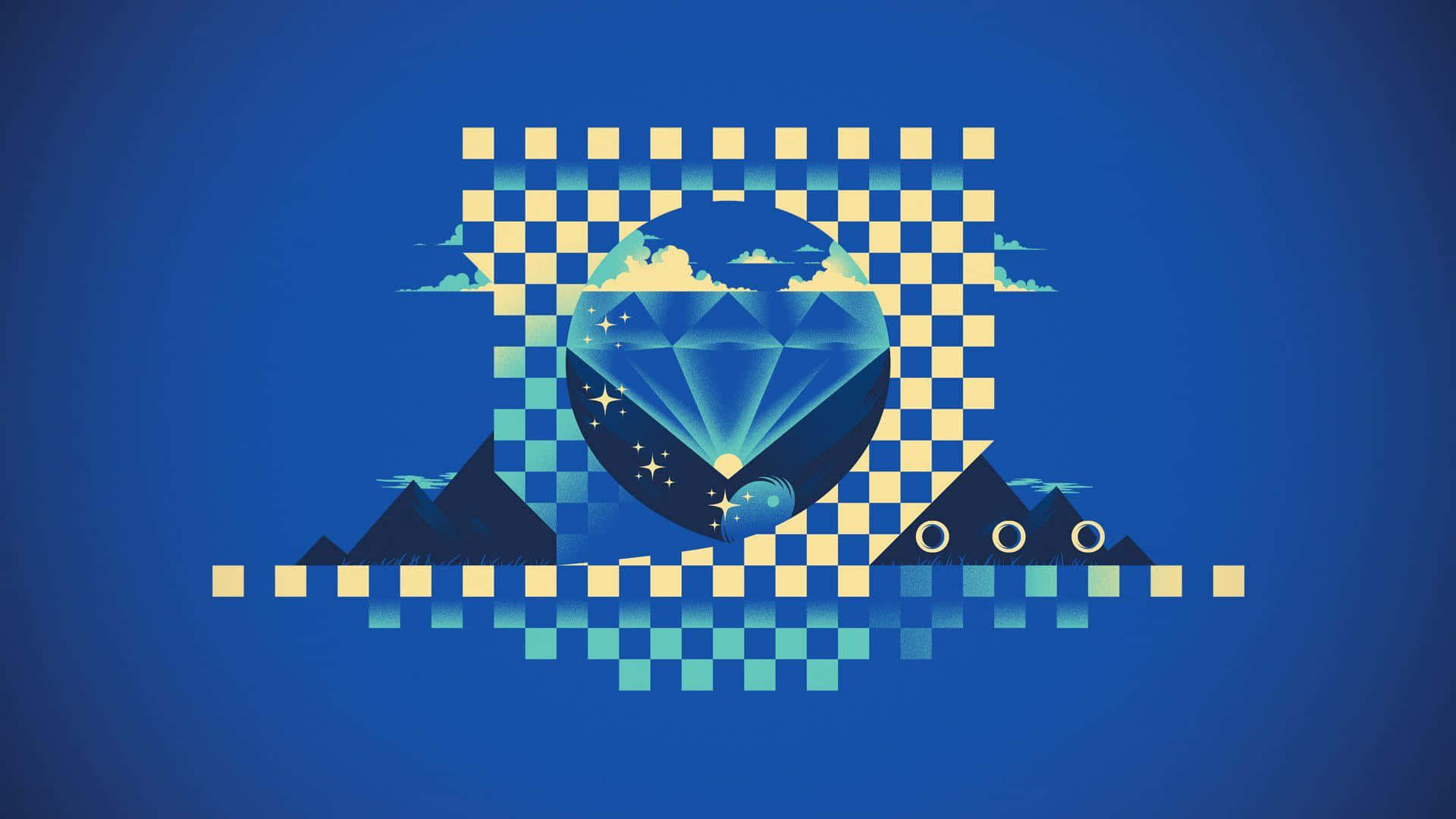 Chaos Emeralds 桌布 壁紙 — 一個風格化的藍色鑽石地球儀，被像素化的格仔雲和山脈框住，背景為深藍色。