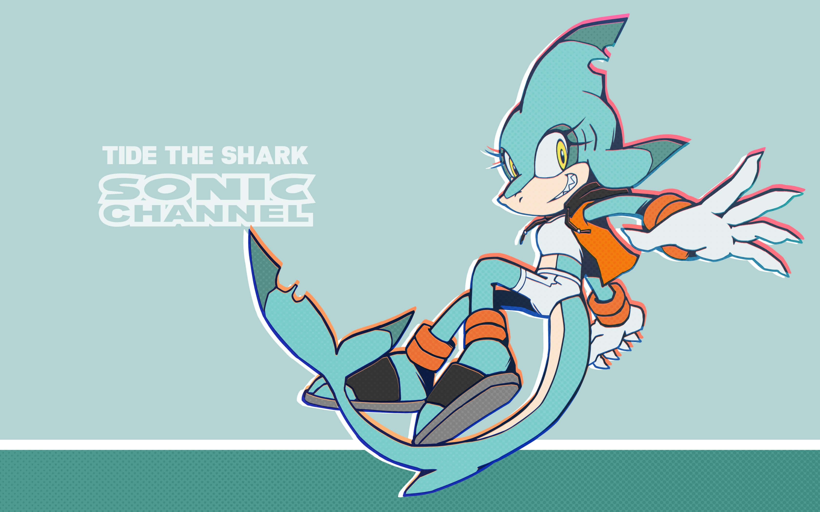 Sonic Characters 桌布 壁紙 — 一個風格化的藍色鯊魚角色，帶有橙色點綴和白色手套，在淺藍綠色背景上動態擺姿勢，並帶有「Tide the Shark Sonic Channel」文字。