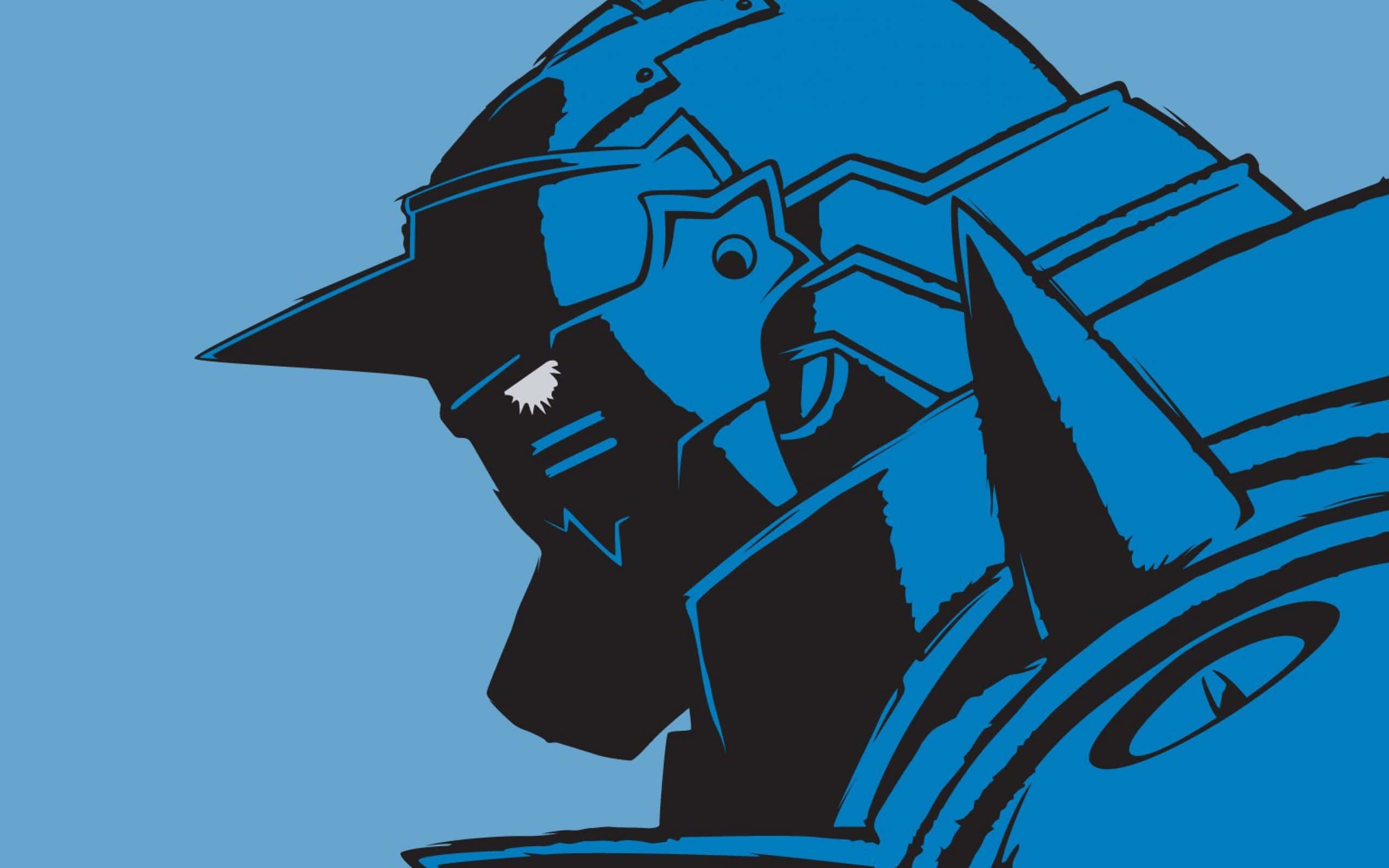 Alphonse Elric 桌布 壁紙 — 一個風格化的藍黑裝甲機器人頭部側面，背景為純藍色。