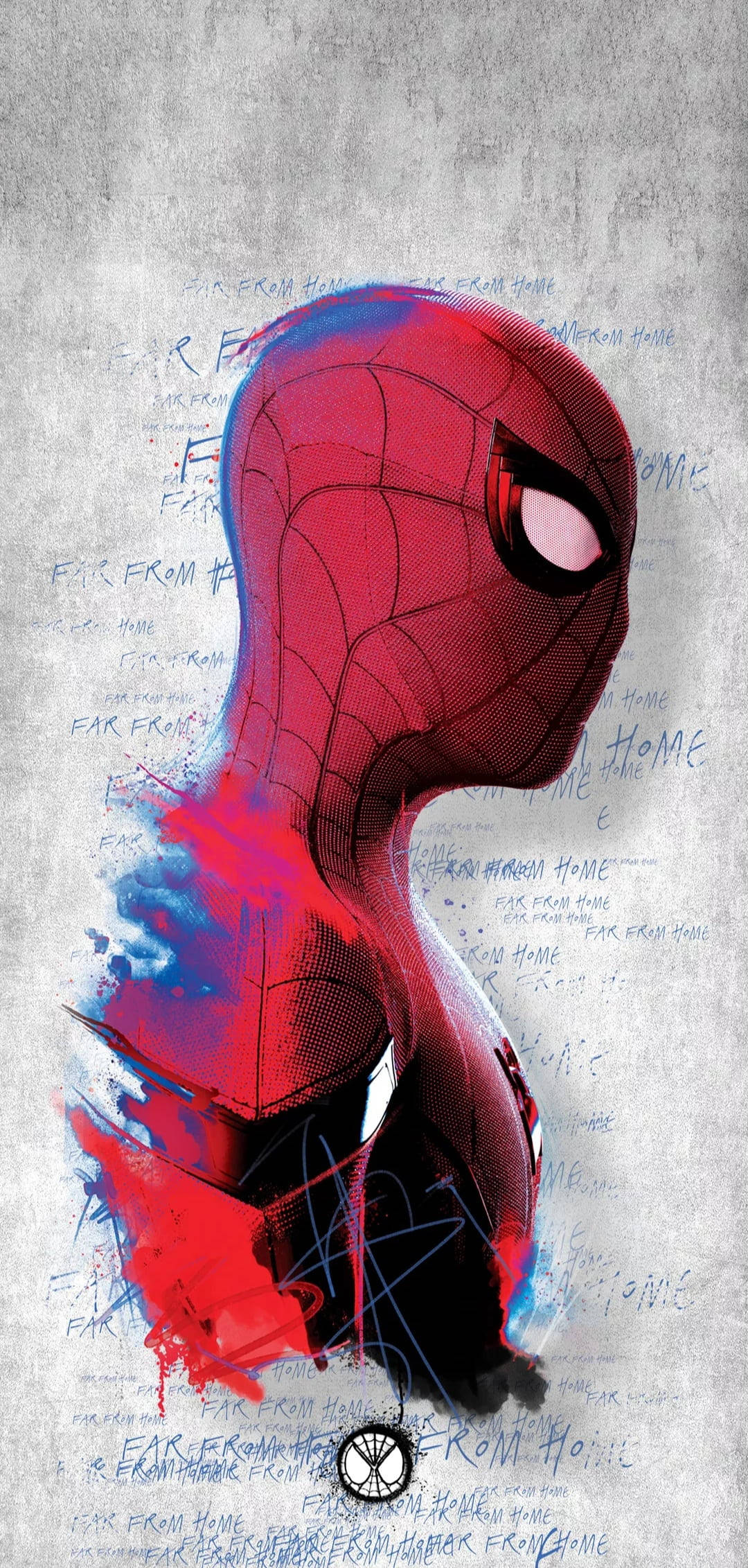 Spider Man iPhone 桌布 壁紙 — 一個風格化的蜘蛛俠，身穿紅藍戰衣，在紋理灰色牆壁背景上有塗鴉文字。