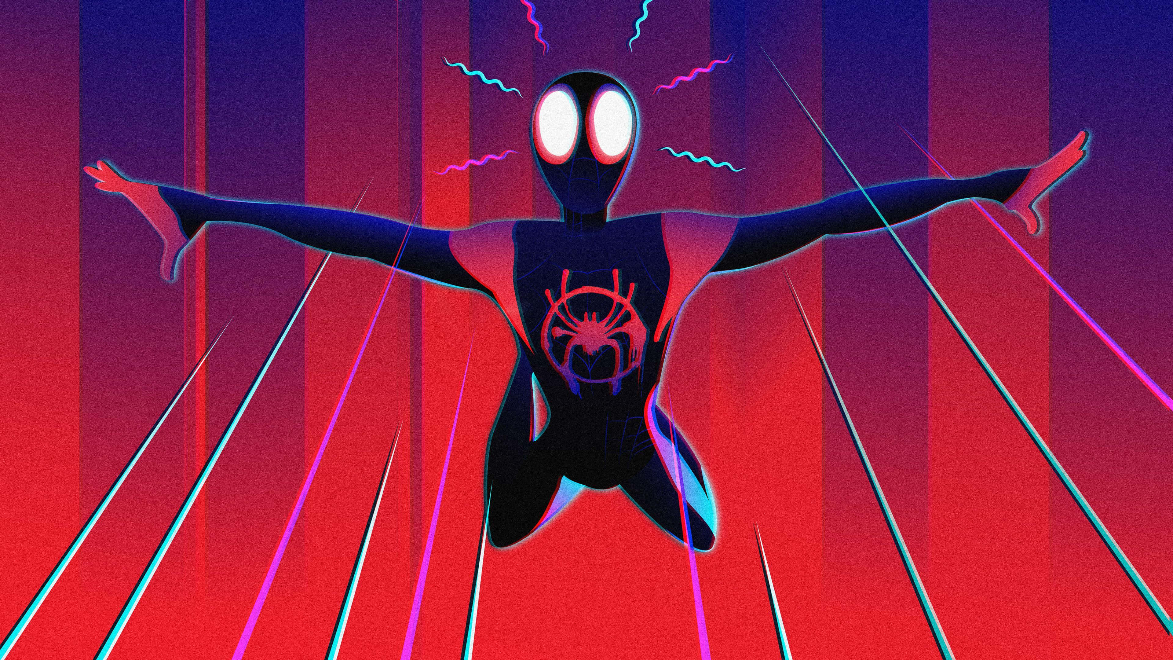 Miles Morales 動漫 桌布 壁紙 — 一個風格化的蜘蛛俠人偶，擁有發光的眼睛和蜘蛛網圖案，在充滿活力的紅色和紫色條紋背景上翱翔，帶有霓虹色條紋。