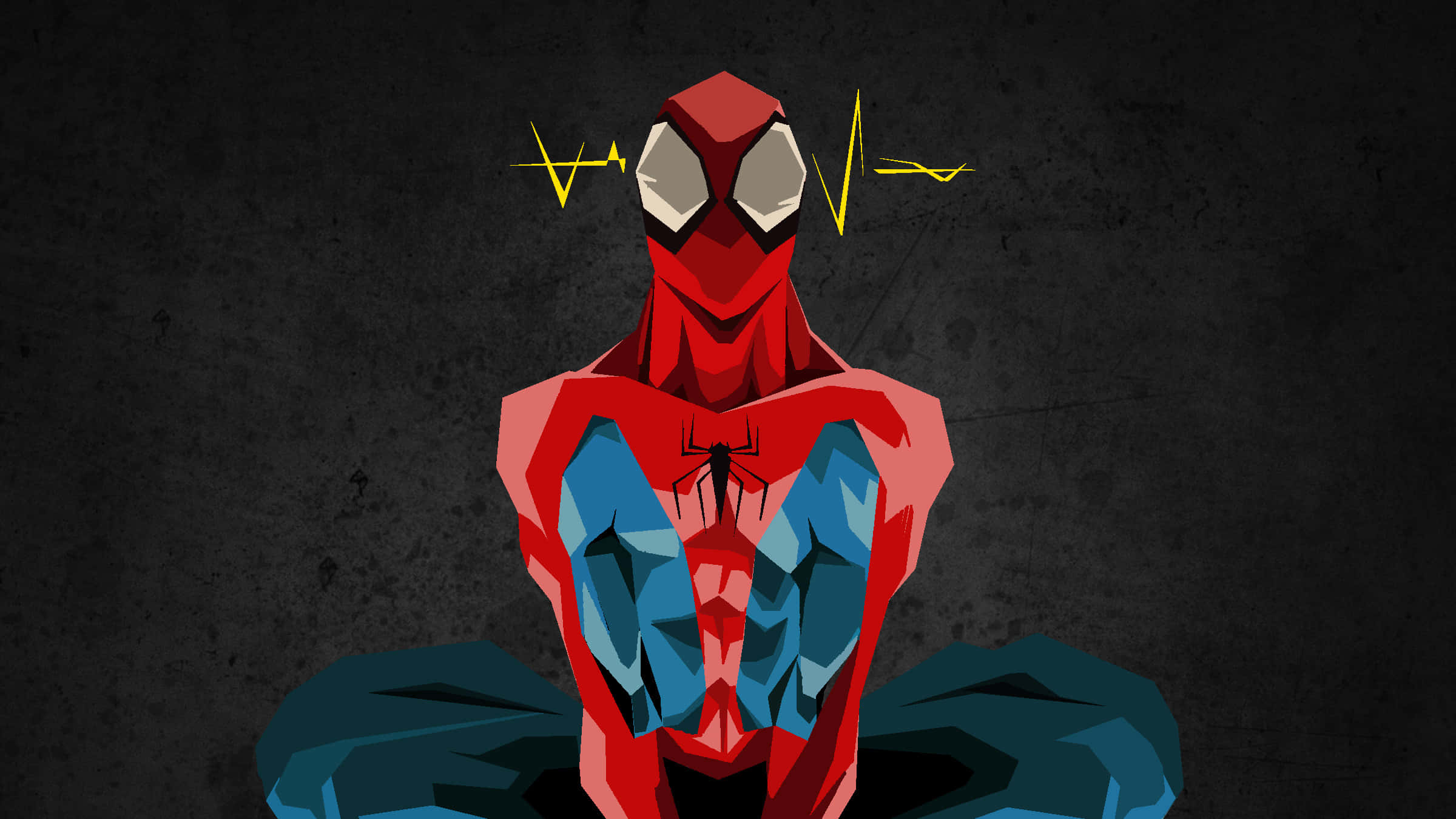 Spider-man Spider Sense 桌布 壁紙 — 一個風格化的蜘蛛俠穿著幾何紅藍戰衣，站在深色紋理牆壁前，頭頂有黃色心跳線。