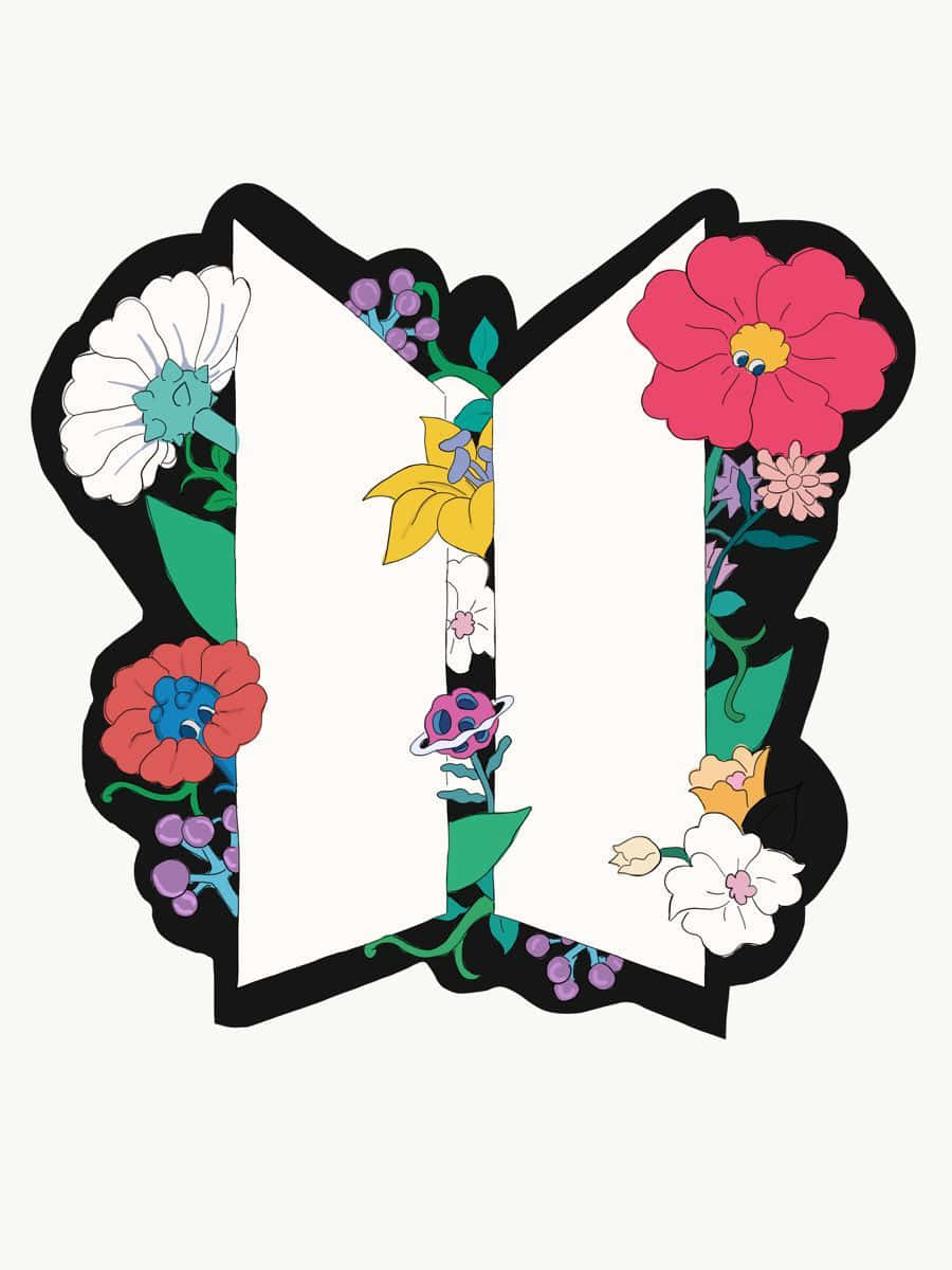Bts Icon 桌布 壁紙 — 一個風格化的蝴蝶剪影，在淡色背景上充滿了色彩繽紛的花朵和綠色藤蔓。