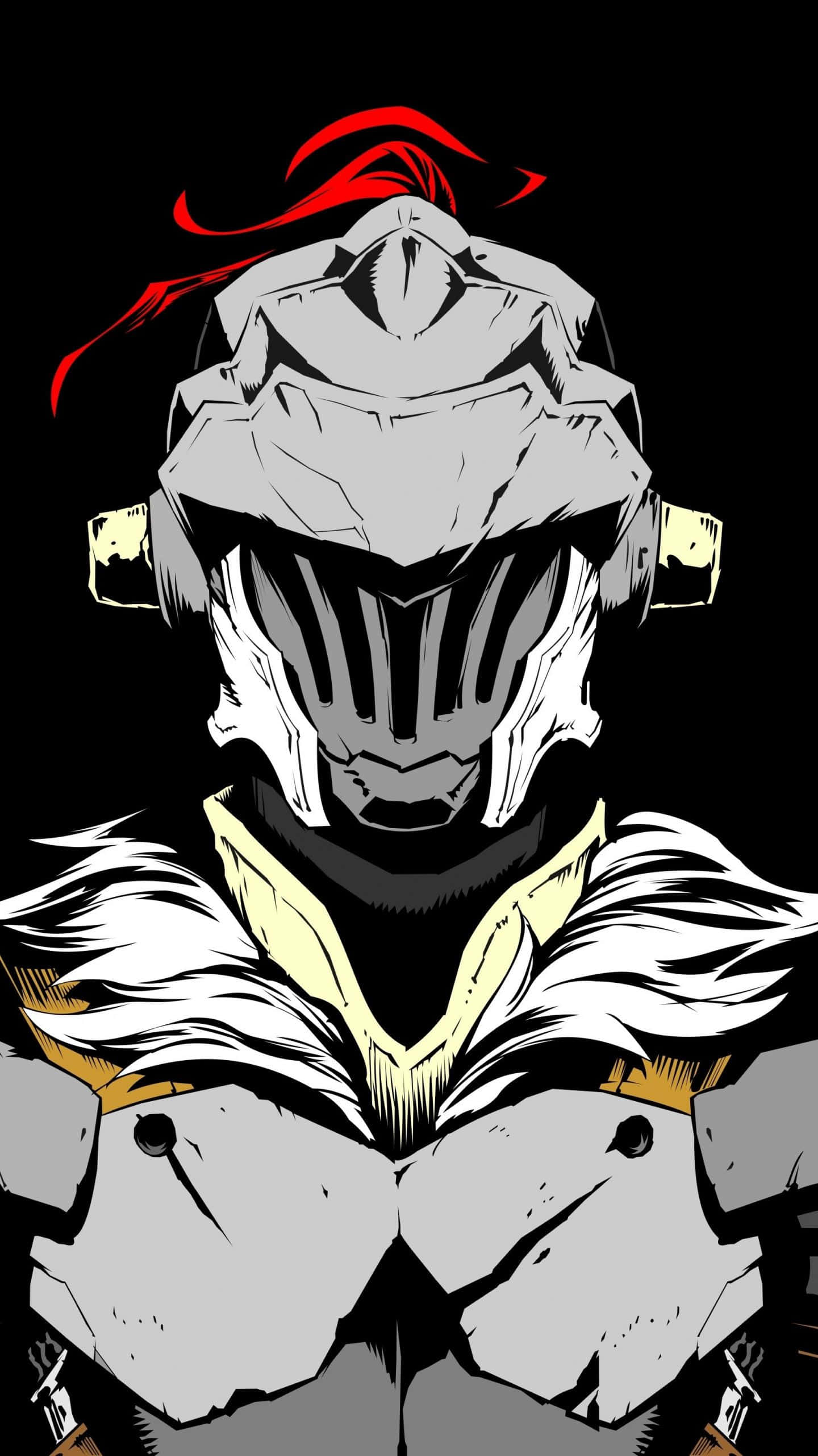Goblin Slayer 桌布 壁紙 — 一個風格化的裝甲戰士，戴著紅色絲帶和白色毛領，站在黑色背景前。
