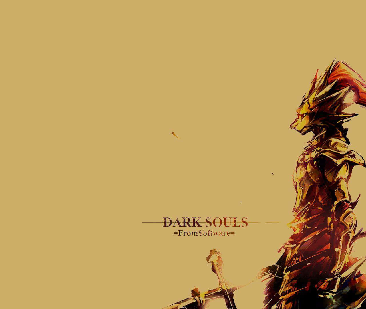 Dragon Slayer Ornstein 桌布 壁紙 — 一個風格化的裝甲戰士，擁有火紅的頭髮，側面站立在純芥末黃色背景前，手持劍，下方有文字「DARK SOULS」。