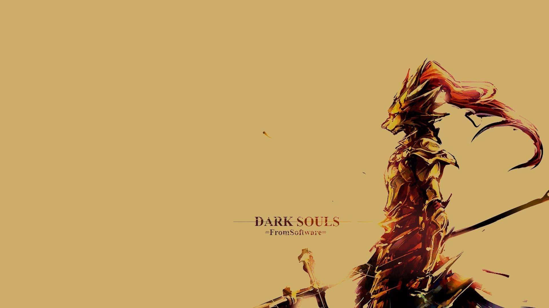 Dragon Slayer Ornstein 桌布 壁紙 — 一個風格化的裝甲戰士，擁有飄逸的紅髮，側面站立在純米色背景前，手持一把劍，附近有「Dark Souls」文字。