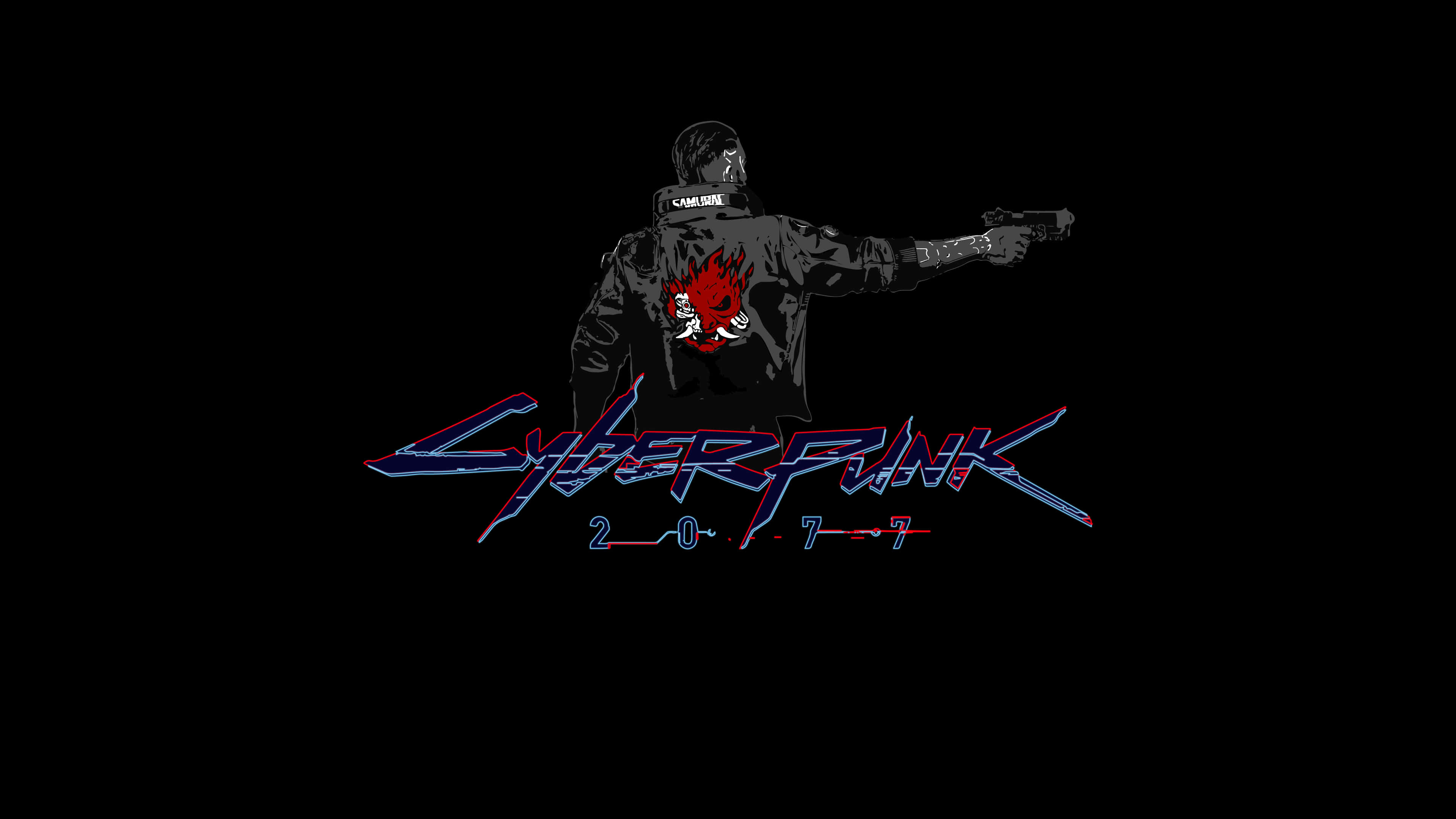Dark Cyberpunk 桌布 壁紙 — 一個風格化的賽博朋克人物，身穿黑色外套，帶有紅色火焰骷髏標誌，在黑暗背景中瞄準槍支，背景有發光的霓虹燈 'Cyberpunk 2077' 文字。