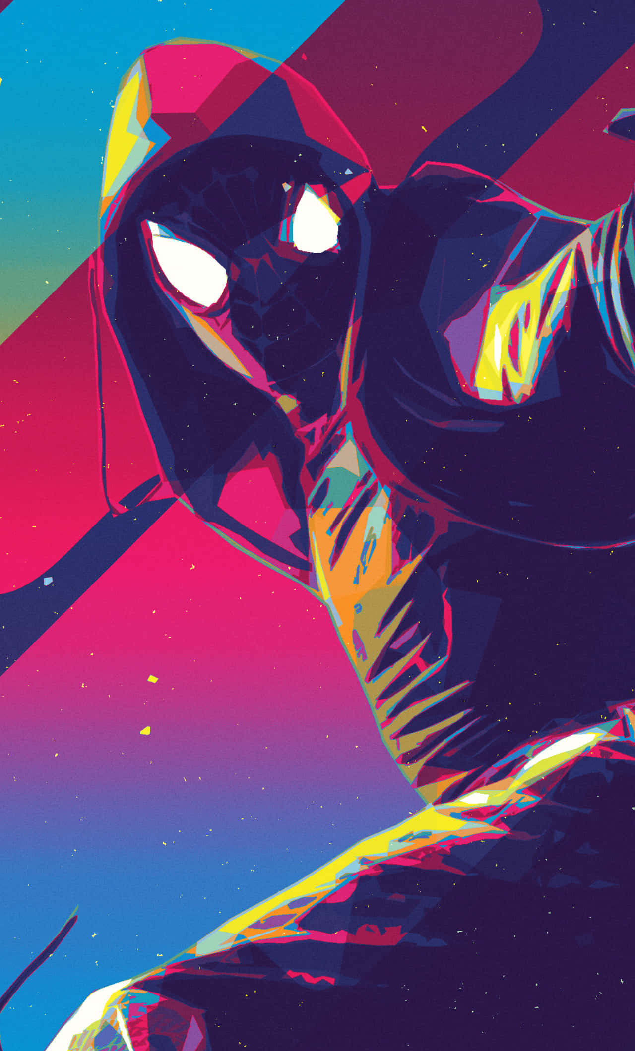 Friendly Neighborhood Spider-man 桌布 壁紙 — 一個風格化的超級英雄，身穿連帽服裝，眼睛發光，背景是充滿活力的宇宙。