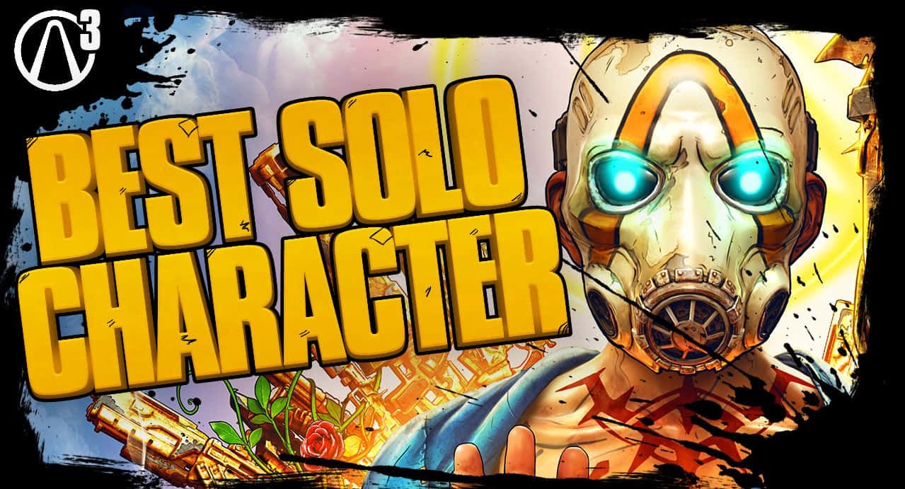Borderlands Characters 桌布 壁紙 — 一個風格化的遊戲角色，擁有發光的藍色眼睛和防毒面具，在充滿活力、混亂的背景中手持武器。