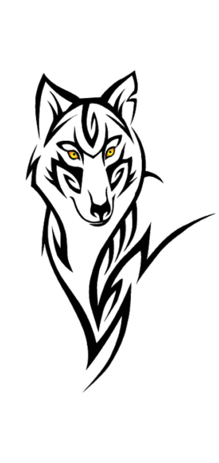 Wolf Tattoo 桌布 壁紙 — 一個風格化的部落狼頭，帶有銳利的黑色線條和發光的黃色眼睛，背景為純白色。