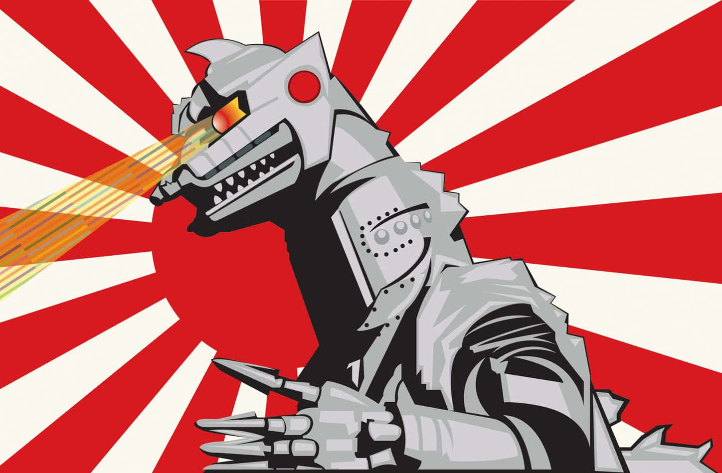 Classic Godzilla 桌布 壁紙 — 一個風格化的金屬機械怪物在紅色和白色的太陽光線背景下咆哮，口中發出橙色光束。