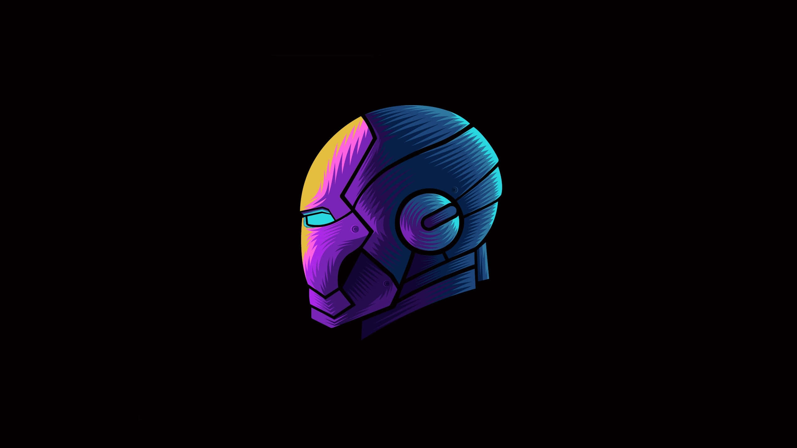 Minimalist Colorful 桌布 壁紙 — 一個風格化的金屬頭盔，帶有發光的青色眼睛，以及紫色、黃色和藍色的鮮豔漸變色調，背景為黑色。