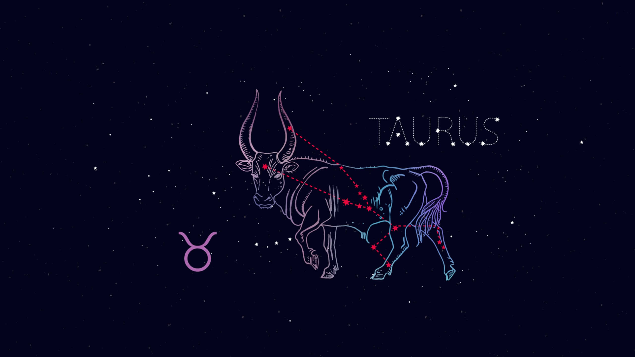 taurus 桌布 壁紙 — 一個風格化的金牛座星座，以發光的線條勾勒，在繁星點點的夜空下，附近有其名稱和符號。