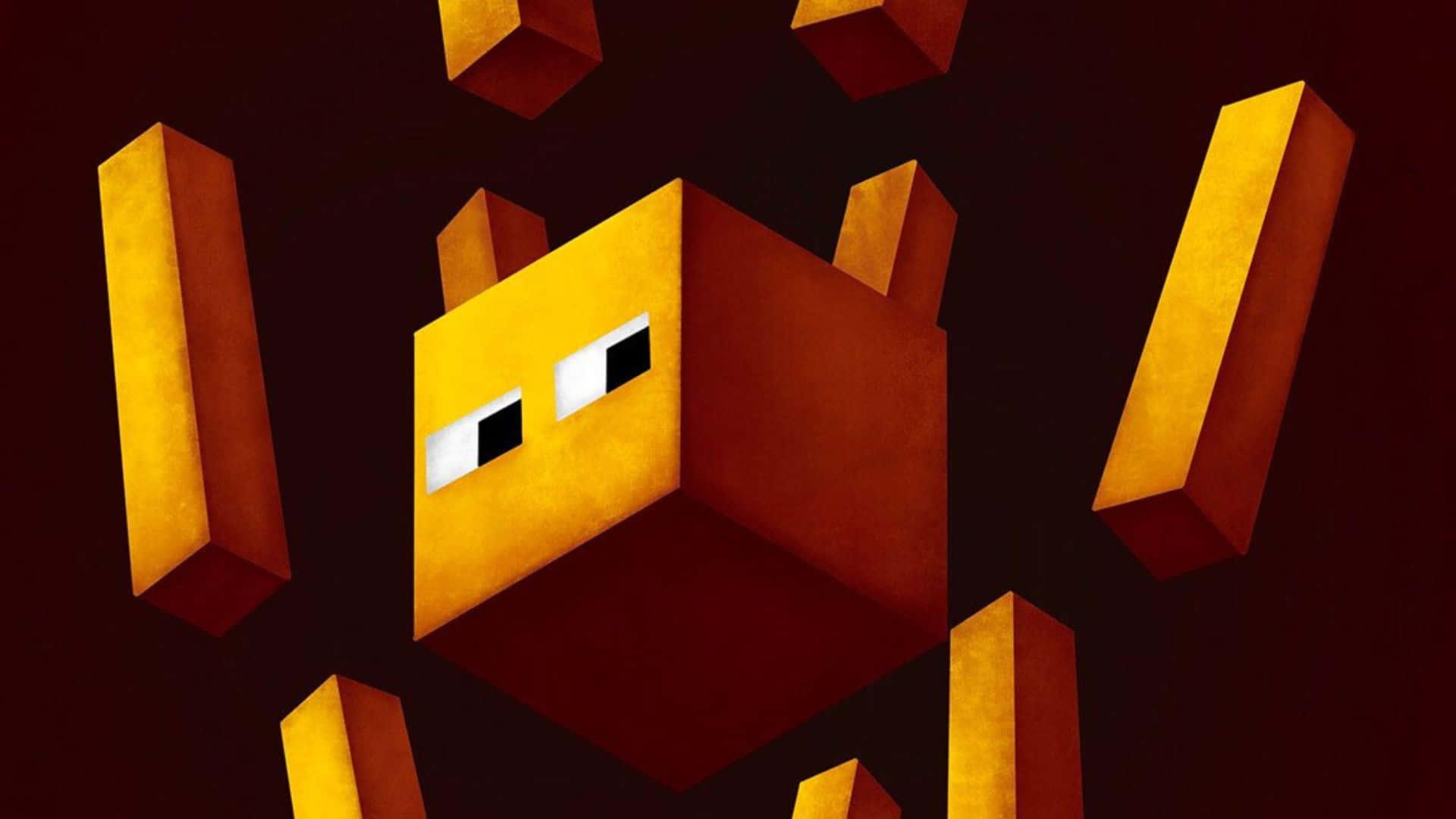 Minecraft Blaze 桌布 壁紙 — 一個風格化的金色立方體生物，發光的眼睛，漂浮在黑暗背景上的幾何形狀方塊之間。