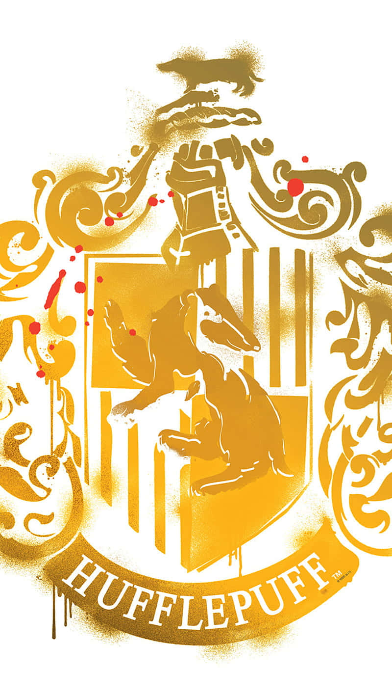 hufflepuff 桌布 壁紙 — 一個風格化的金色赫夫帕夫徽章，帶有獾、華麗裝飾和白色背景上的紅色潑濺。