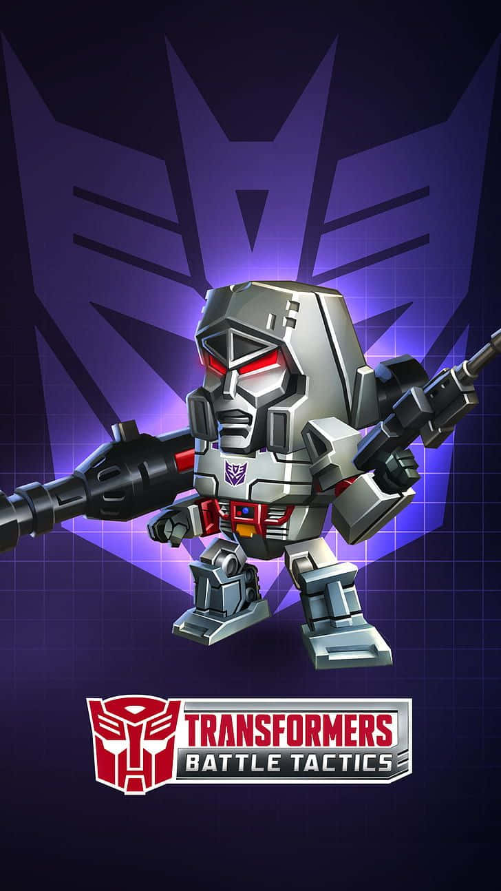Cartoon Robot 桌布 壁紙 — 一個風格化的銀色和紅色機械人戰士手持武器，準備好對抗發光的紫色 Decepticon 標誌背景。