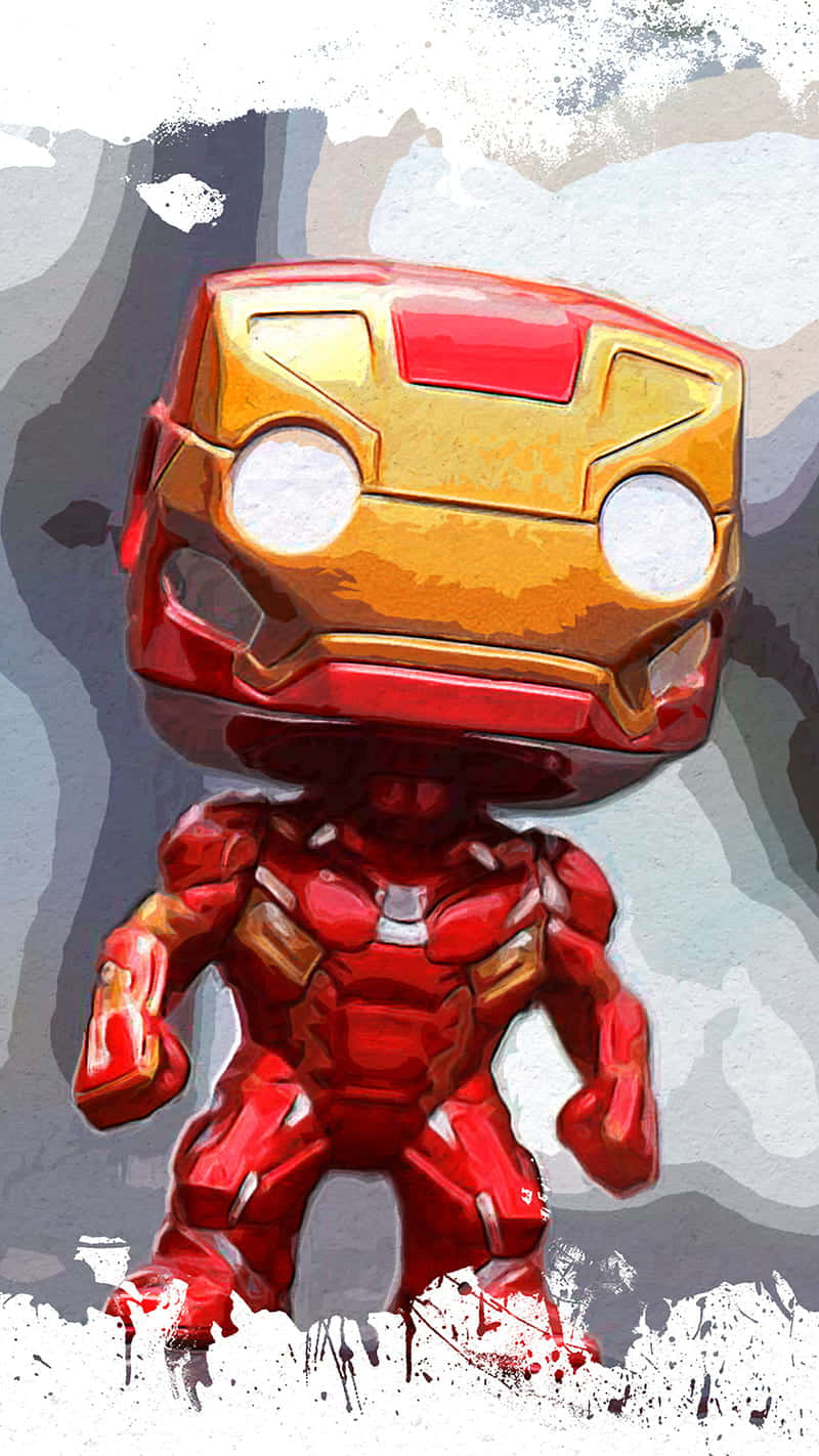 Iron Man Bobbleheads 桌布 壁紙 — 一個風格化的鐵甲奇俠 Funko Pop 人偶以動態姿勢站在有紋理的灰色和白色背景前。