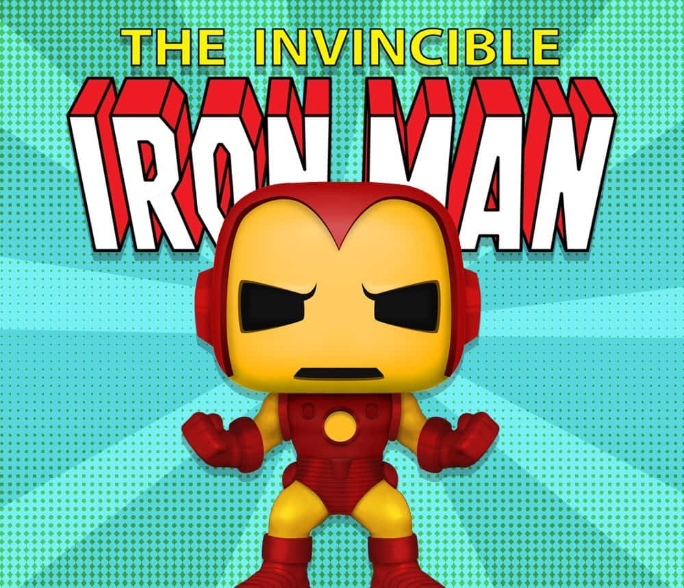 Iron Man Pop Figures 桌布 壁紙 — 一個風格化的鐵甲奇俠 Funko Pop 人偶自信地站在青綠色半色調背景前，帶有粗體漫畫文字。