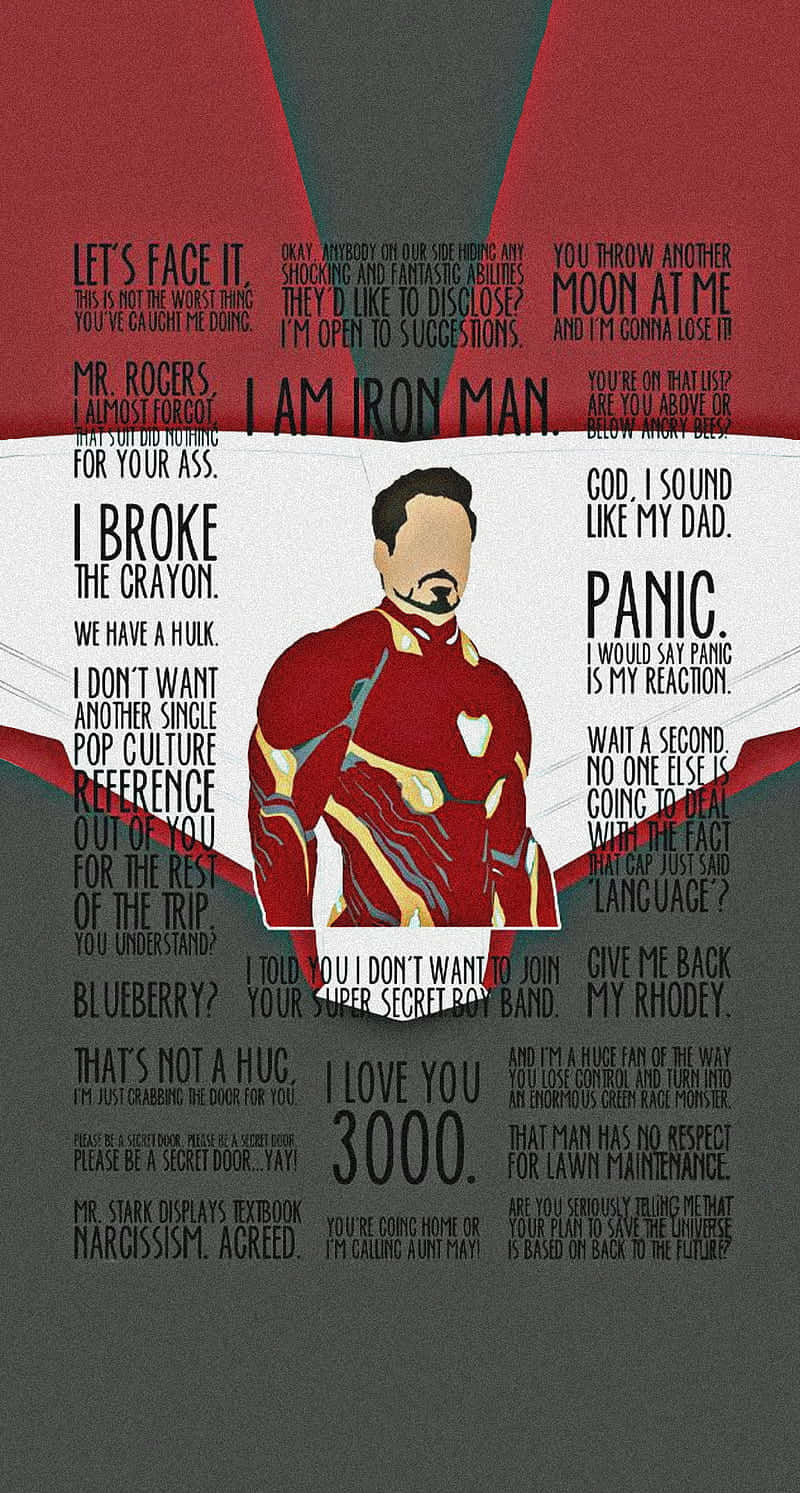 Iron Man Quotes 桌布 壁紙 — 一個風格化的鐵甲奇俠圖形，周圍環繞著諷刺的流行文化語錄，背景為紅、白、灰色。