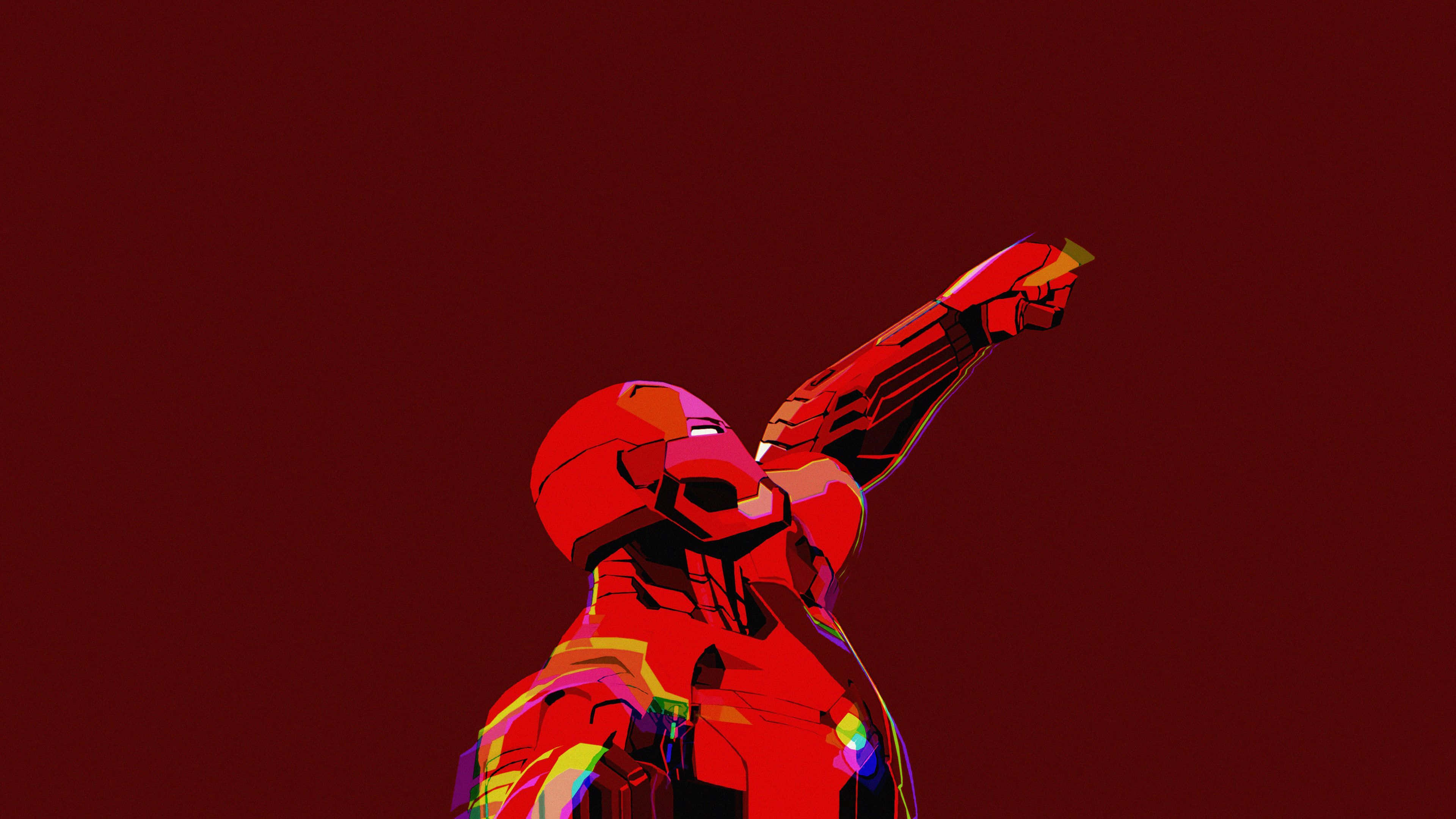 Minimal Art 桌布 壁紙 — 一個風格化的鐵甲奇俠穿著紅色裝甲，在深紅色背景上舉起拳頭，帶有發光點綴。