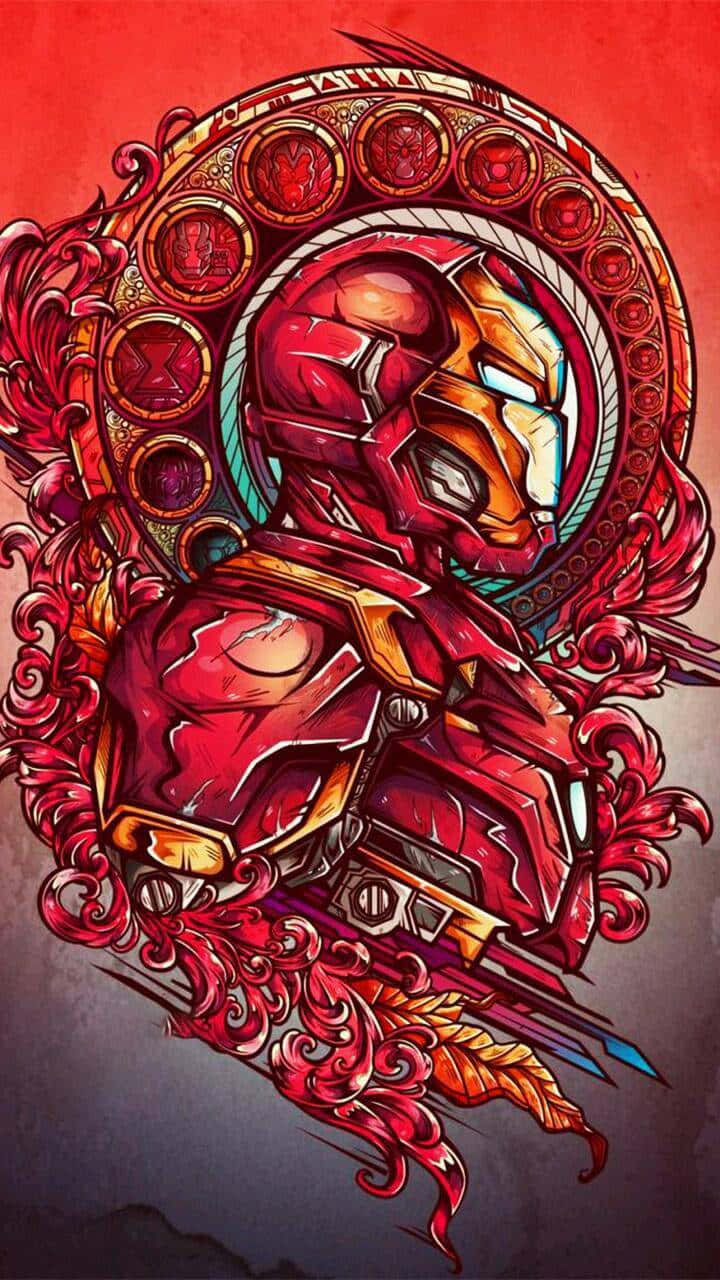 Iron Man Fan Art 桌布 壁紙 — 一個風格化的鐵甲奇俠頭盔，周圍環繞著華麗的紅色和金色圓形圖案以及旋轉的裝飾元素。