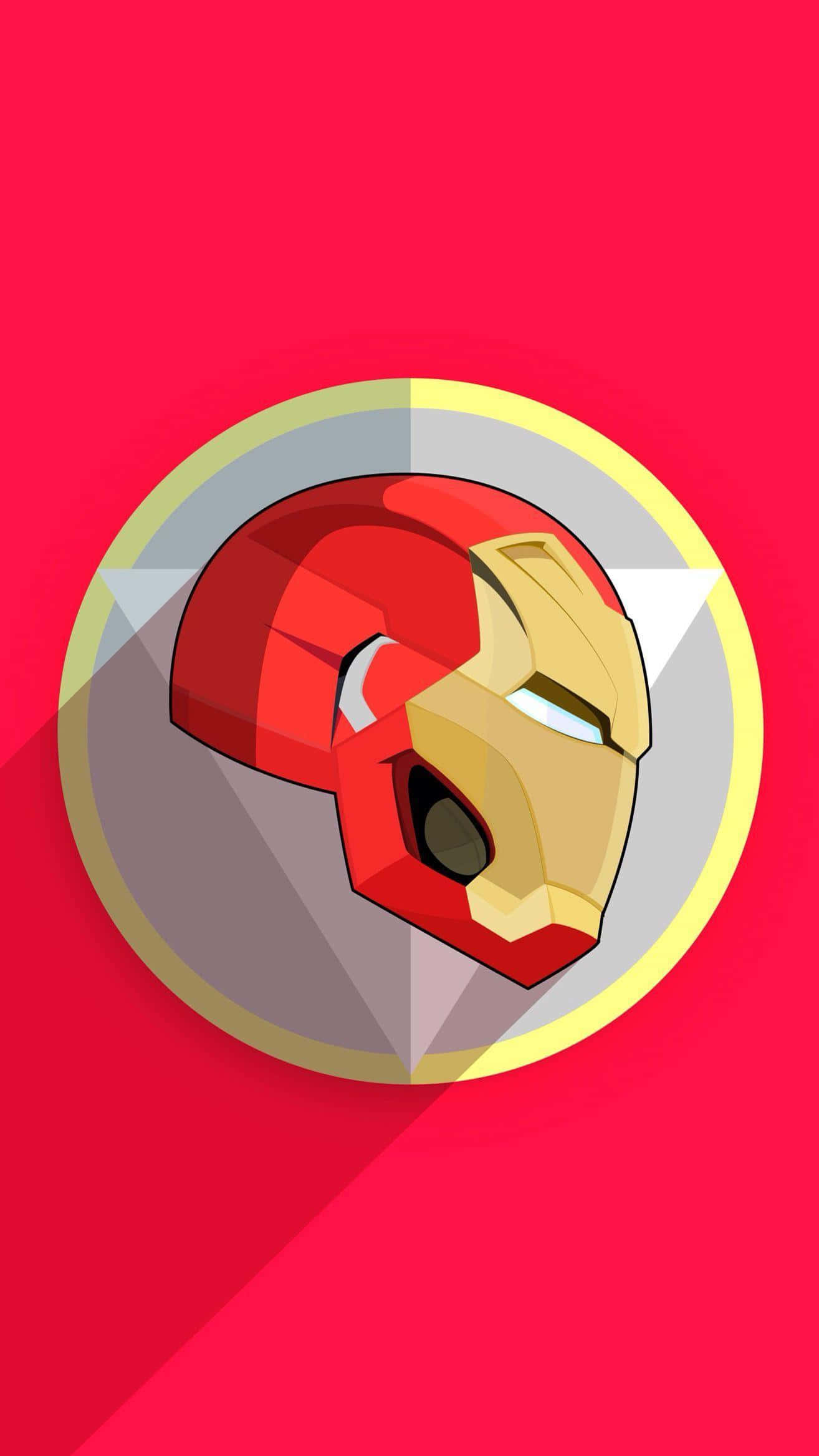 Iron Man Art 桌布 壁紙 — 一個風格化的鐵甲奇俠頭盔，紅金配色，位於圓形徽章中央，背景為鮮紅色。