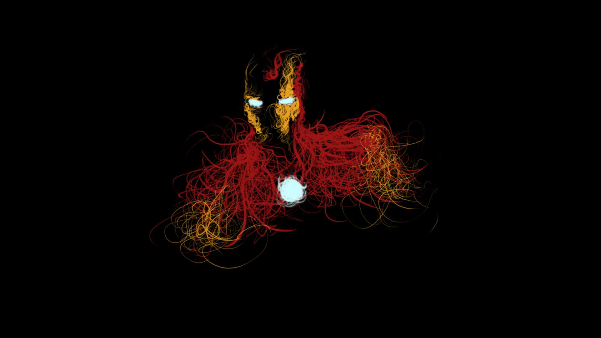 Iron Man Fan Art 桌布 壁紙 — 一個風格化的鐵甲奇俠頭盔從黑色背景上旋轉的紅色和金色能量線中浮現。
