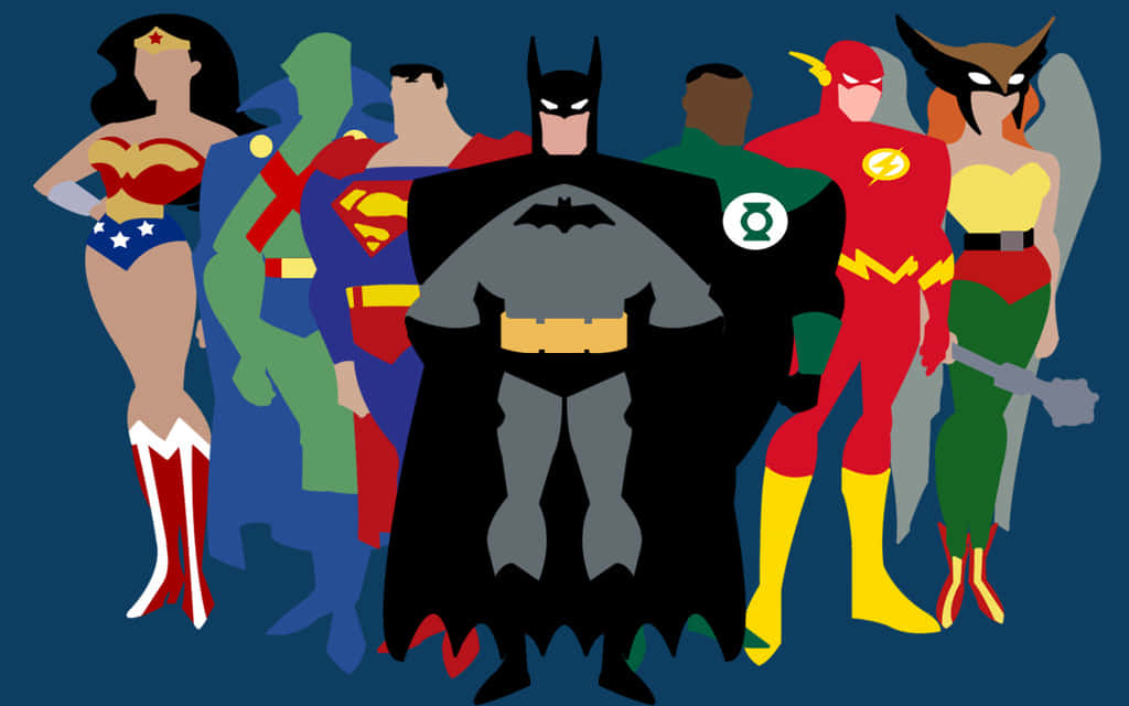 Justice League Unlimited 桌布 壁紙 — 一個風格化的陣容，包括蝙蝠俠、神奇女俠和超人，站在深藍色背景前。