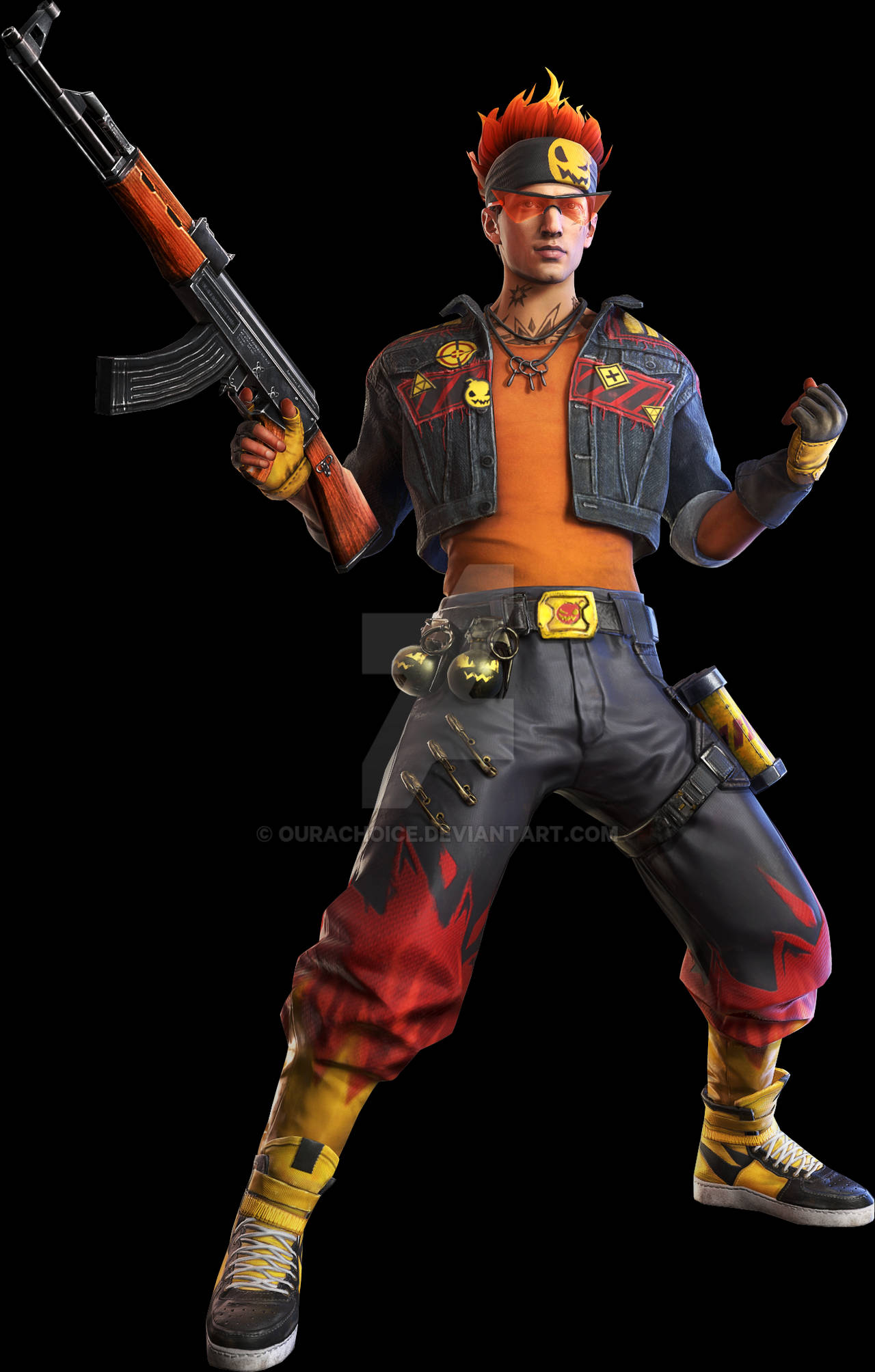free fire 4K 桌布 壁紙 — 一個風格化的電子遊戲角色，擁有火焰頭髮和龐克裝備，在黑色背景前手持突擊步槍。