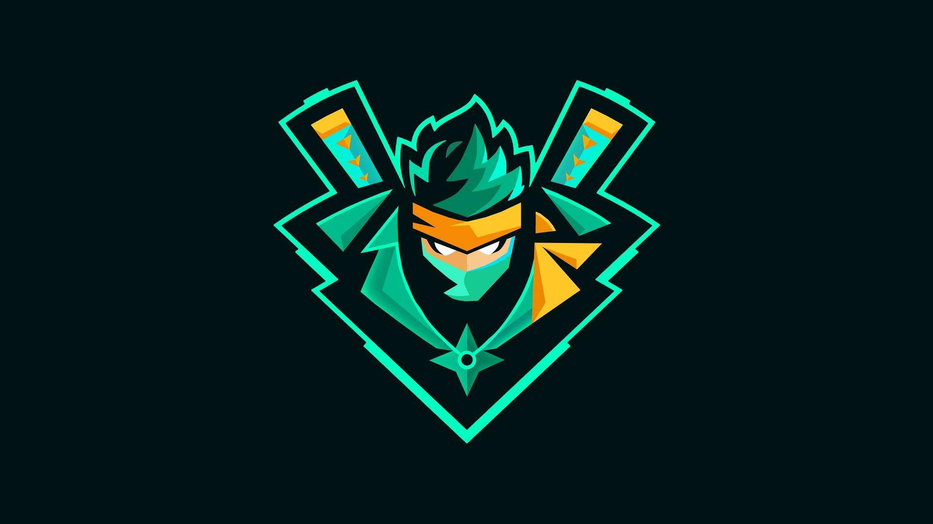 Gamer Logo 桌布 壁紙 — 一個風格化的青綠色和橙色忍者標誌，帶有交叉的劍和一個居中於幾何框架內的手裏劍。