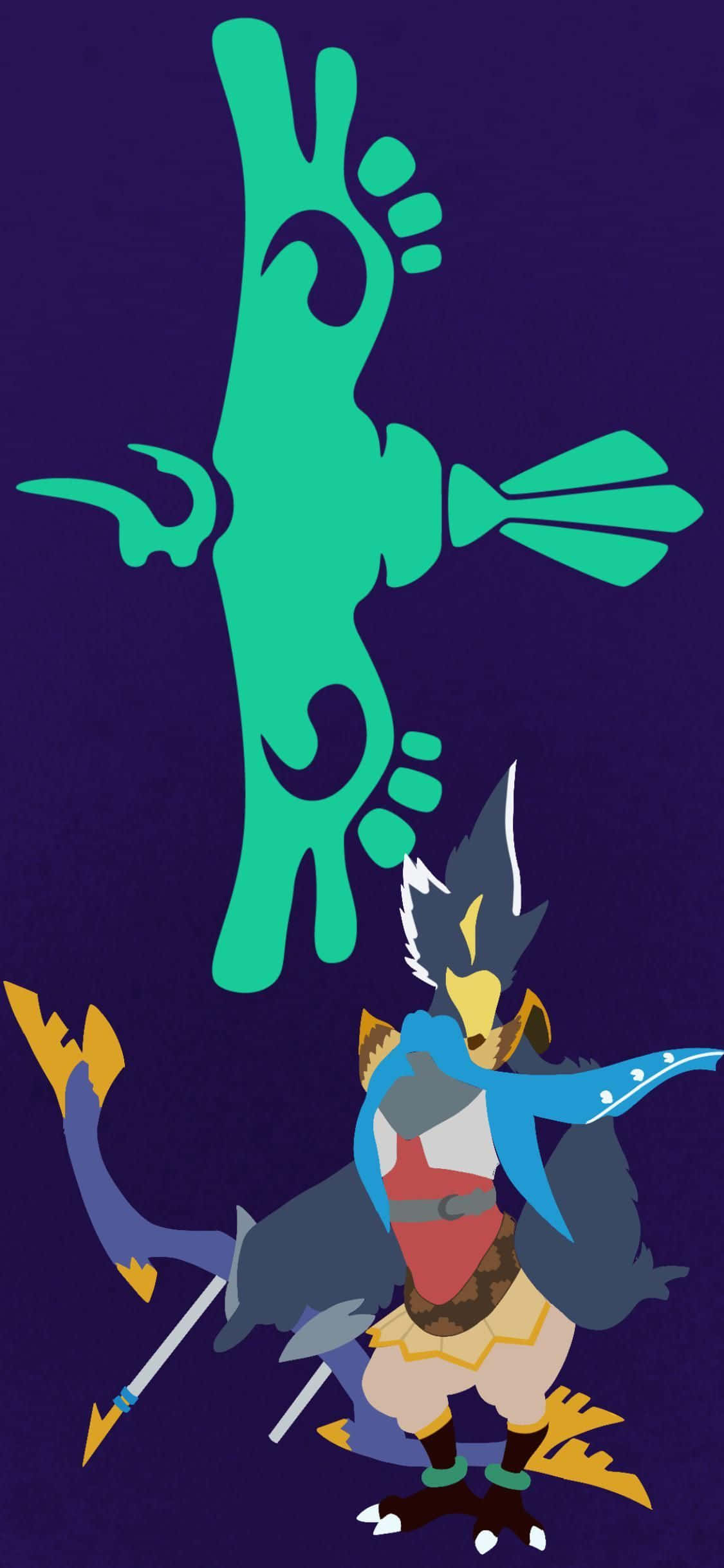 The Legend Of Zelda Revali 桌布 壁紙 — 一個風格化的青綠色靈體漂浮在一個藍金色盔甲戰士上方，戰士手持盾牌和長矛，背景為深紫色。