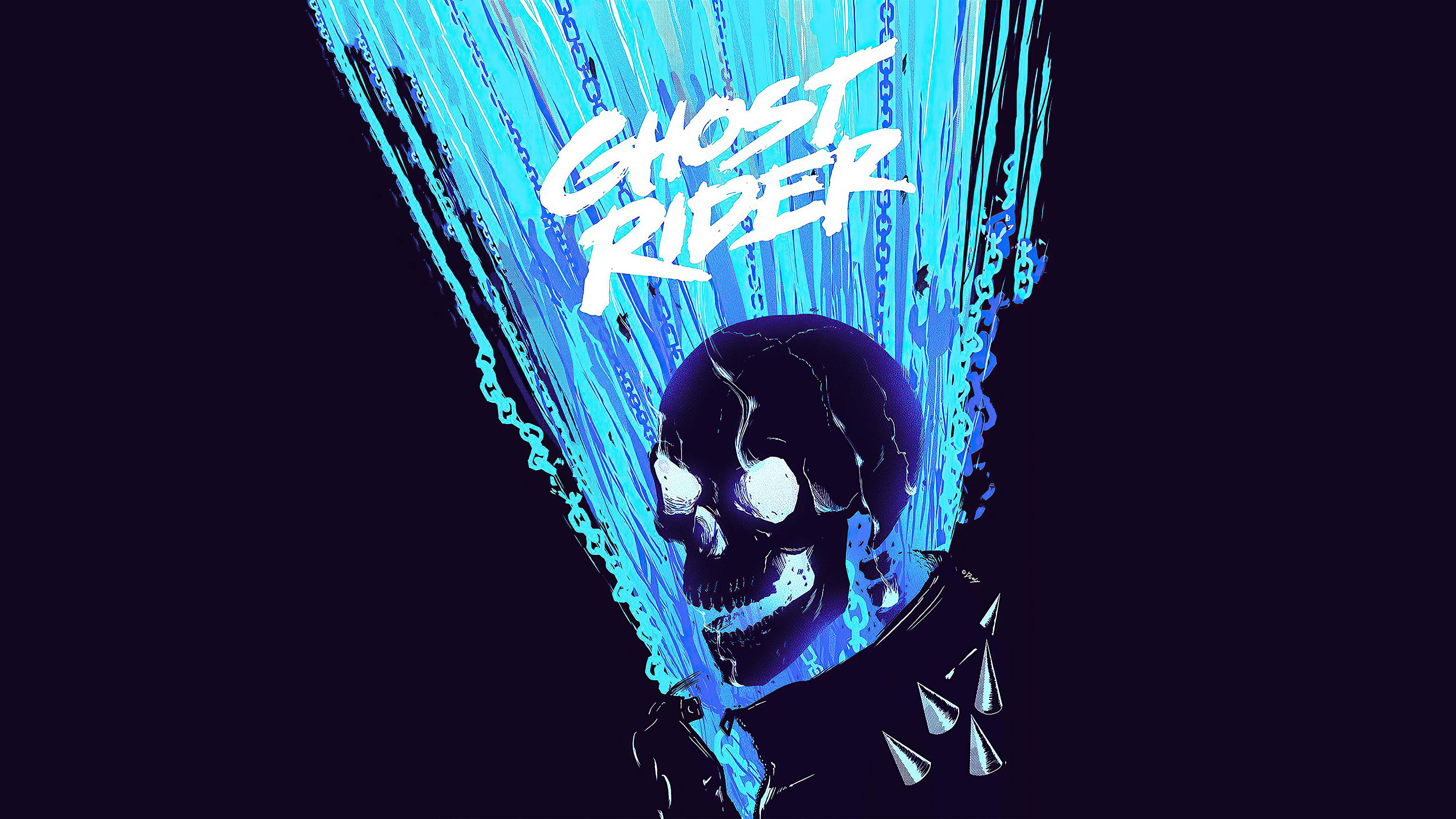鬼 Rider 桌布 壁紙 — 一個風格化的頭骨，帶有發光的眼睛和藍色鎖鏈，從黑暗背景中爆發，帶有「GHOST RIDER」文字。