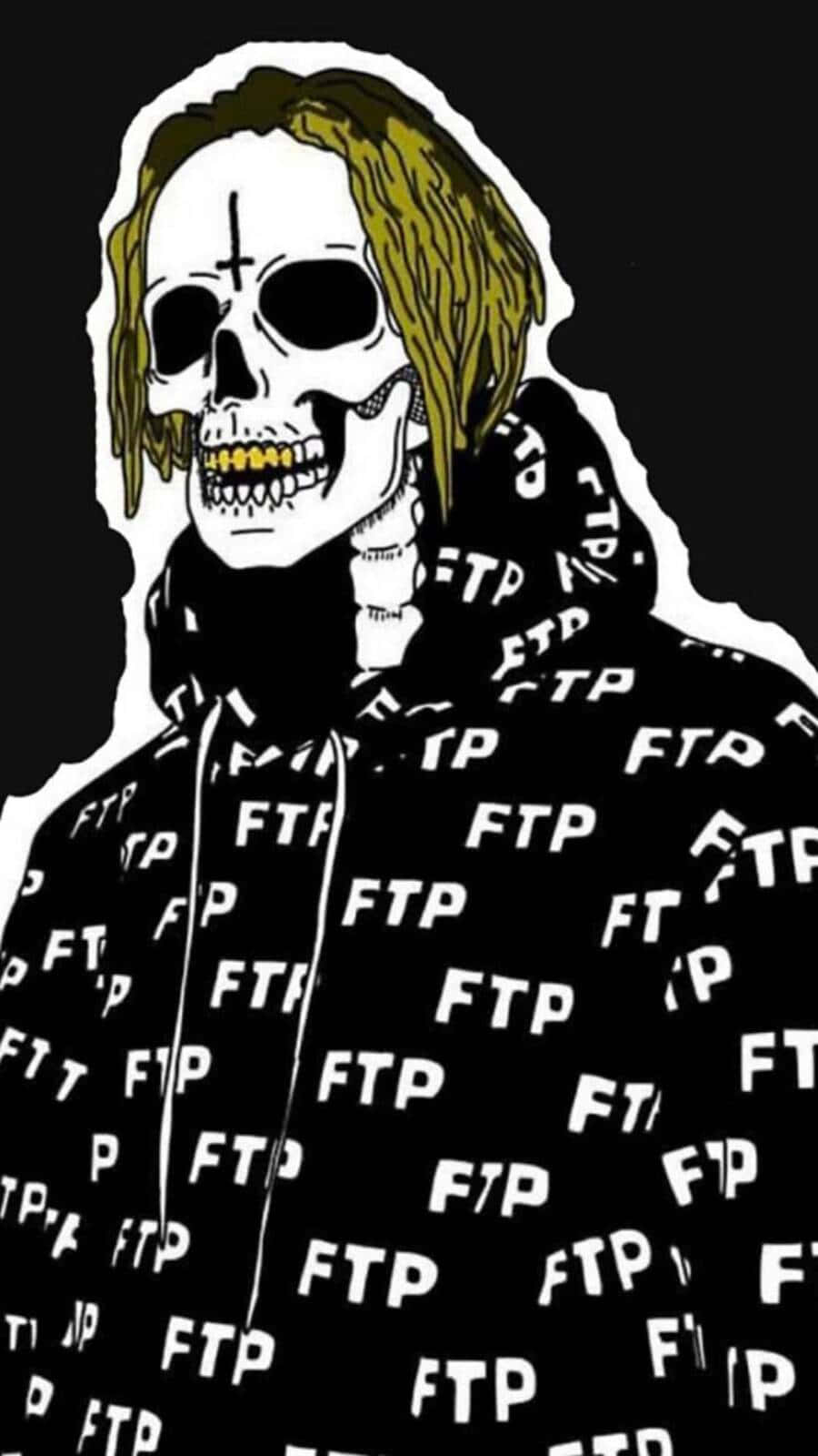 Ftp 桌布 壁紙 — 一個風格化的頭骨，有綠色頭髮和金牙，穿著一件黑色連帽衫，上面覆蓋著白色FTP文字，背景為深色。