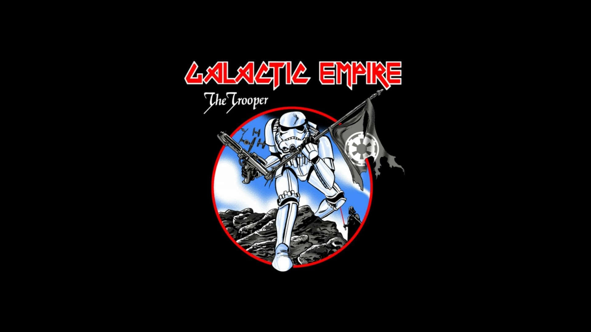 Galactic Empire 桌布 壁紙 — 一個風格化的風暴兵手持爆能槍和帝國旗幟，在藍天下以岩石為背景前進。